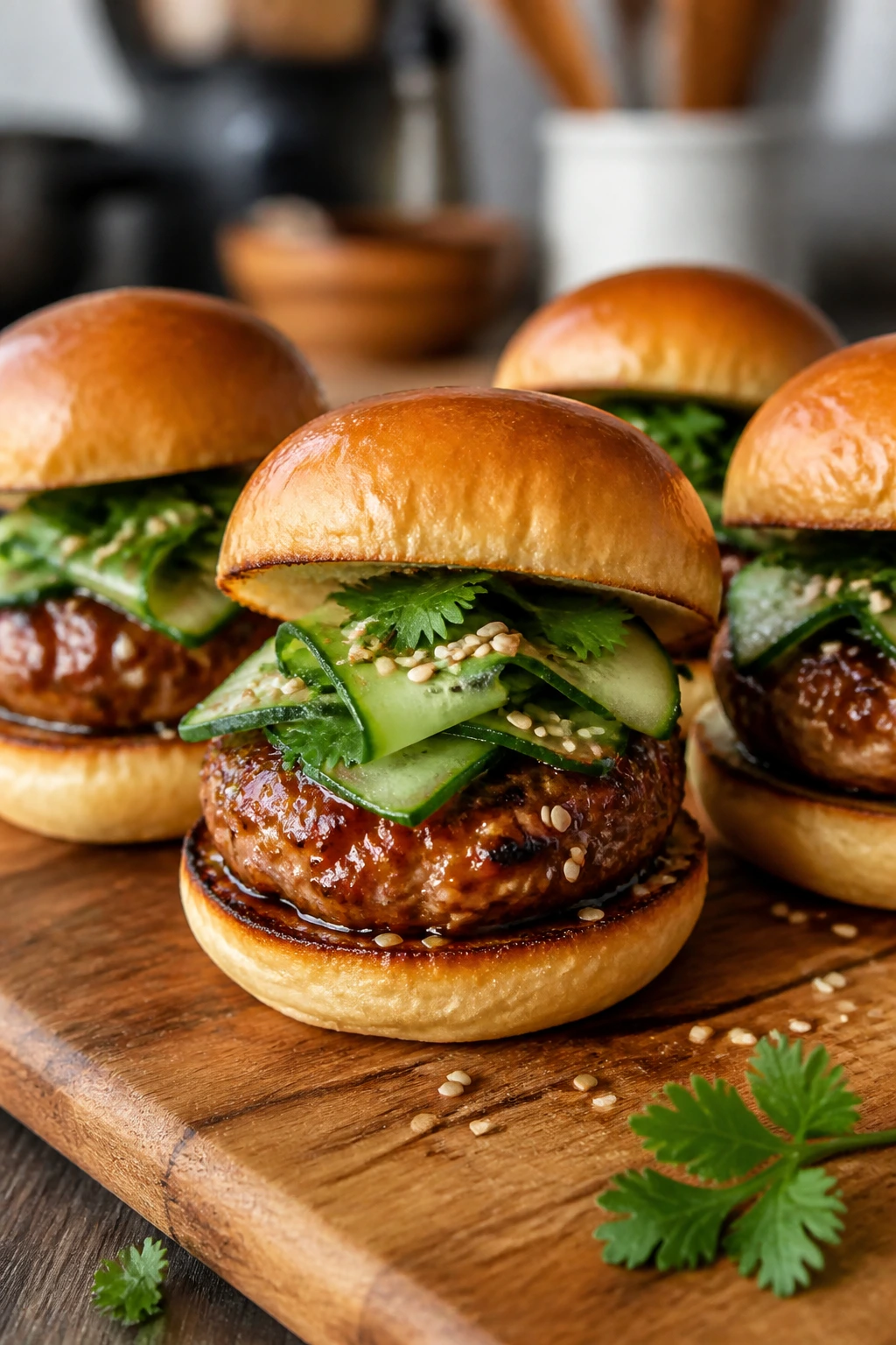 Pork sliders with hoisin glaze cucumber and cilantro on wood board