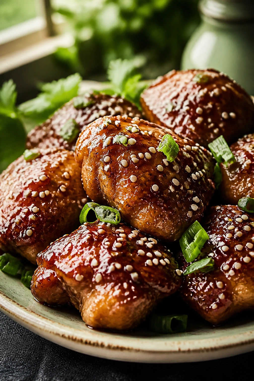 Close-up of glossy hoisin sesame chicken thighs on a plate