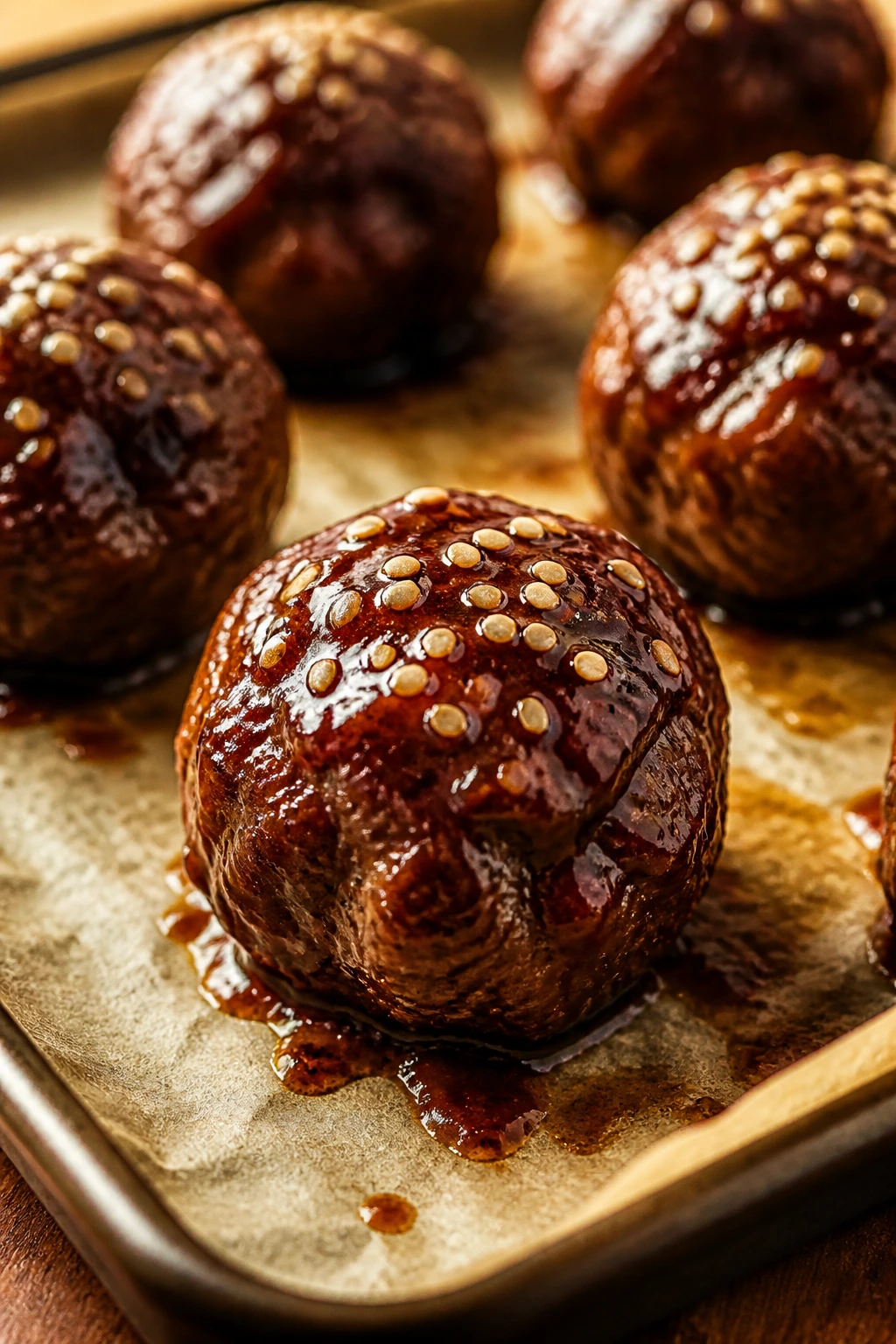 Glossy hoisin sesame meatball with sesame seeds on parchment