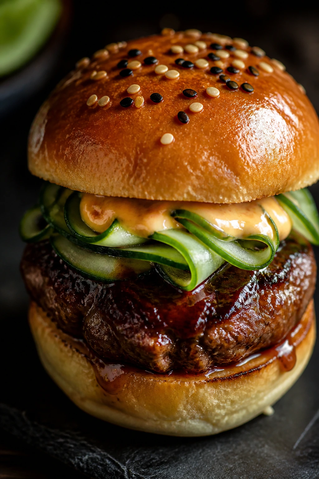 Hoisin sesame mini burger with cucumber ribbons and sesame seeds