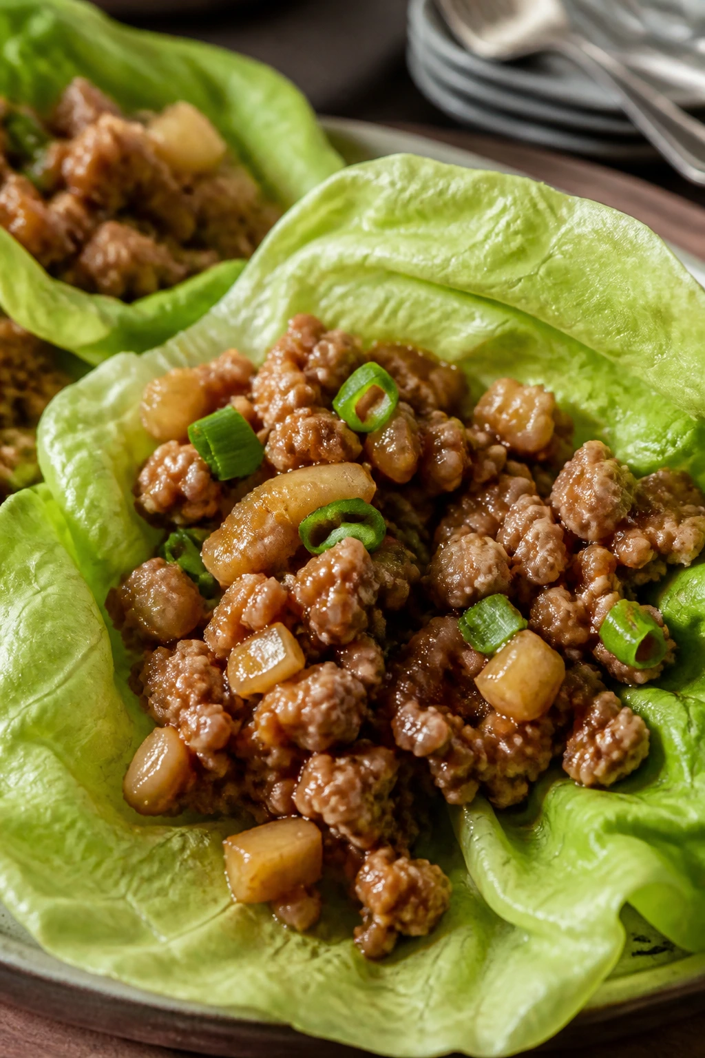 Hoisin turkey lettuce wraps filling a crisp lettuce leaf
