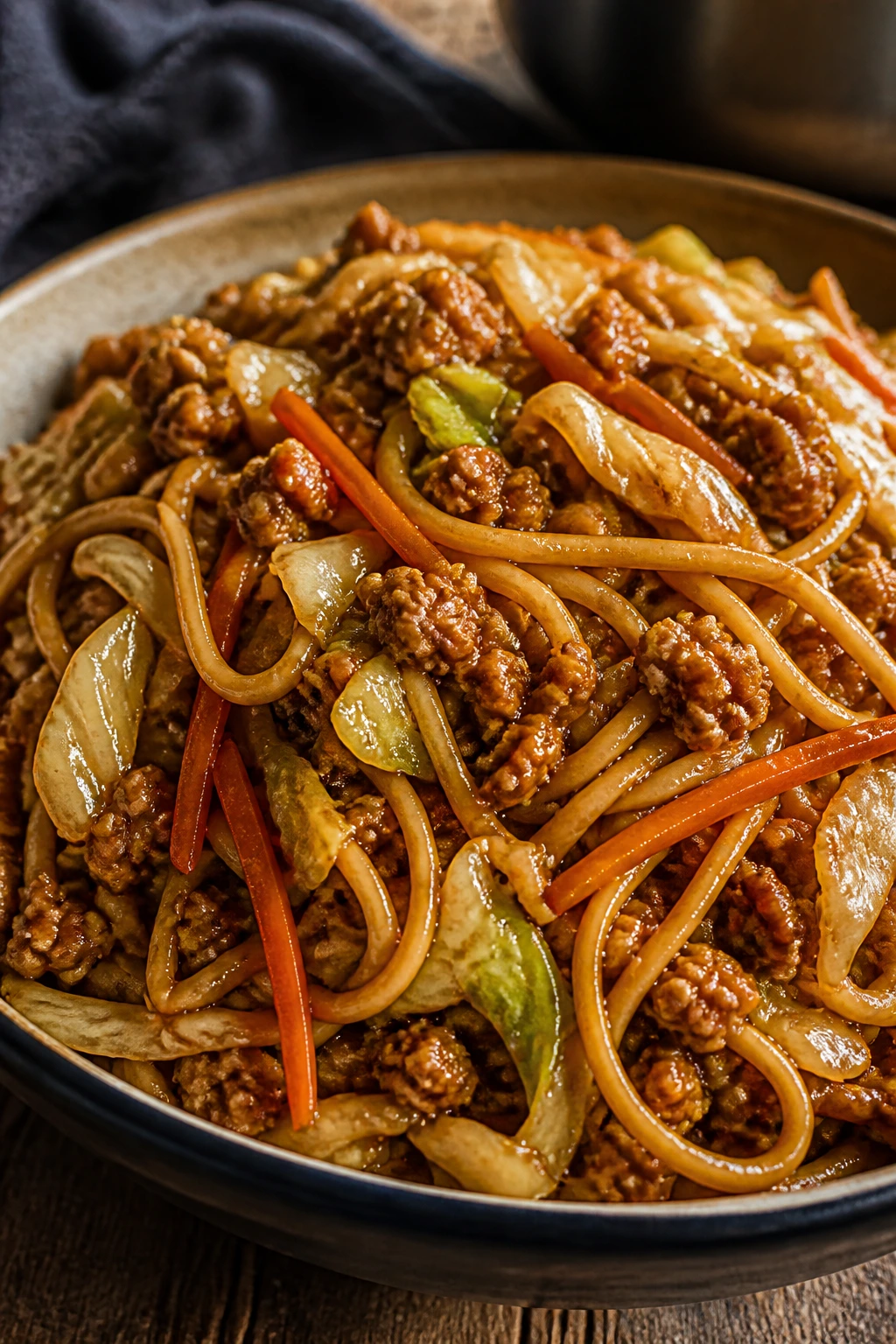 Close-up of Hoisin Turkey Lo Mein with turkey and noodles in glaze