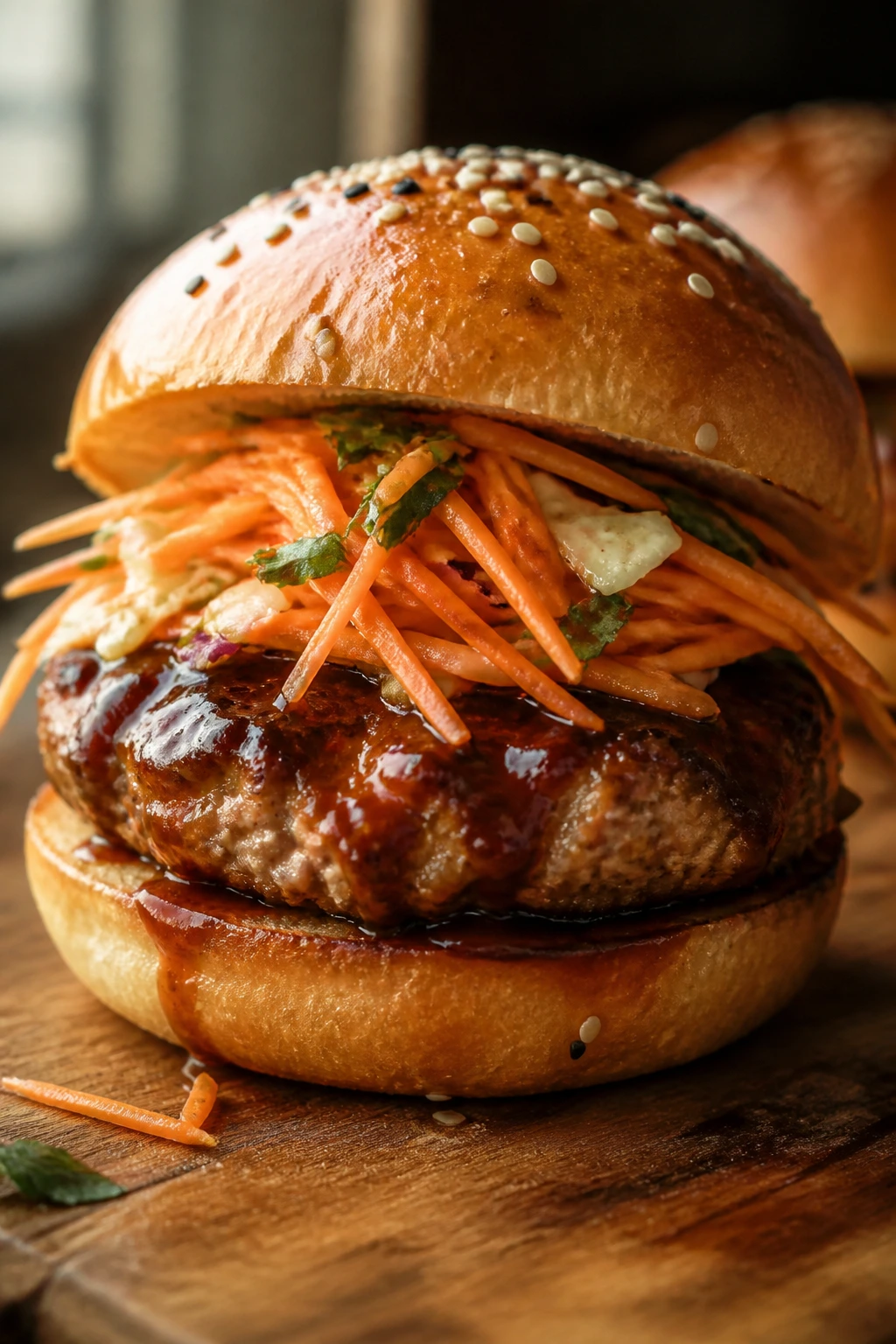 Close-up of a hoisin-glazed turkey slider with carrot slaw on a toasted bun