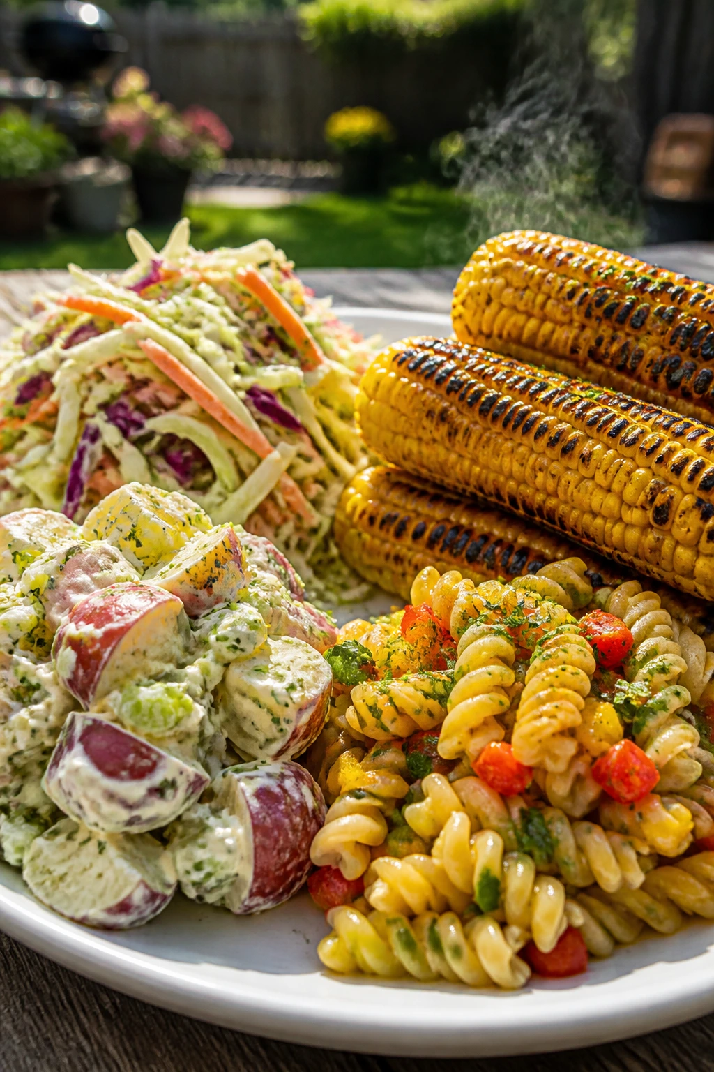 Plate of sturdy picnic foods including slaw, potato salad, corn, and pasta salad outdoors
