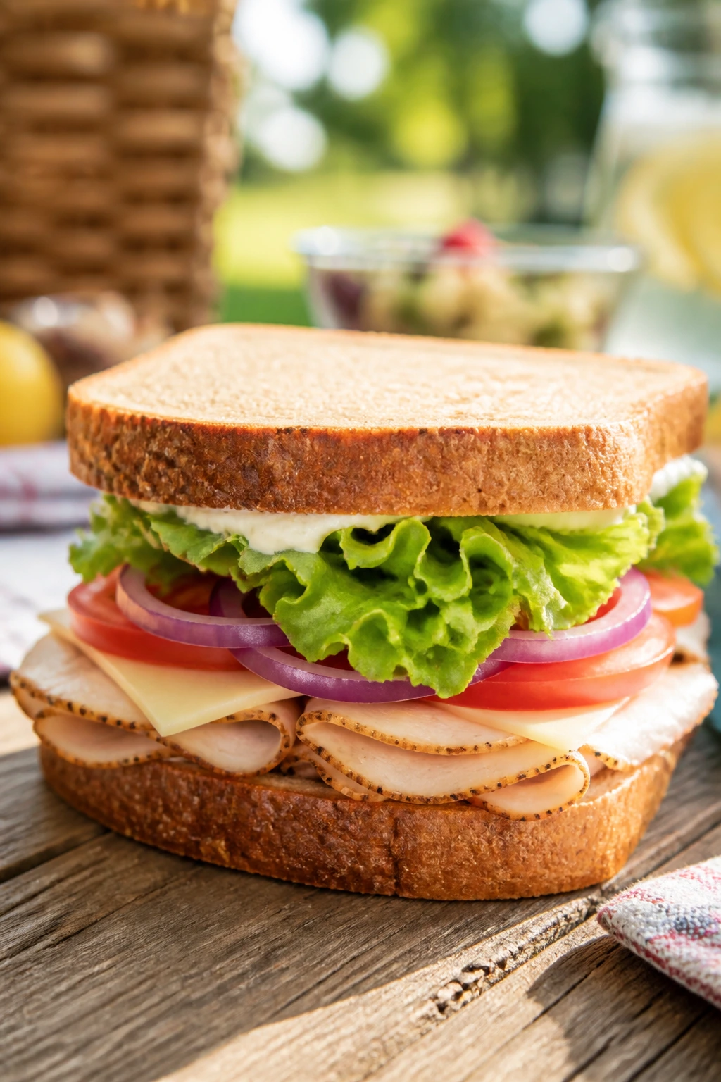 Neatly built picnic sandwich showing well-defined layers