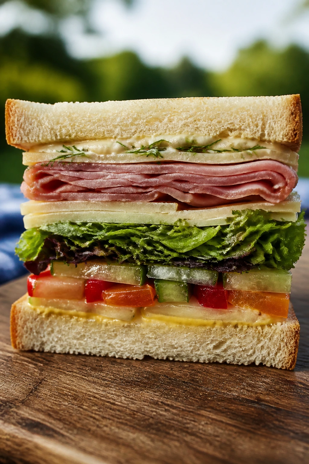 Close-up of a multi-layer picnic sandwich showing moisture control