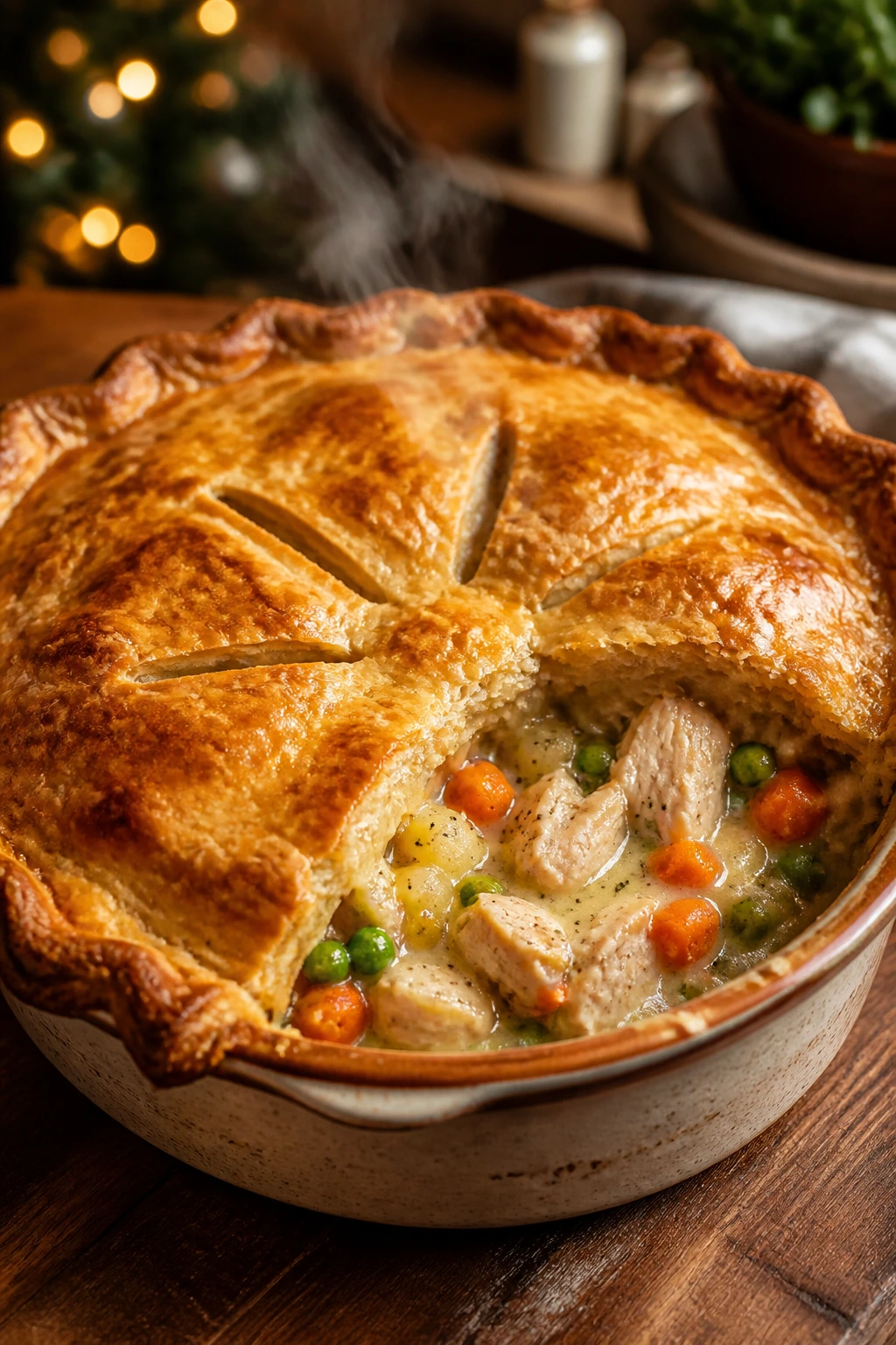 Pot pie on a holiday table with crust and steam