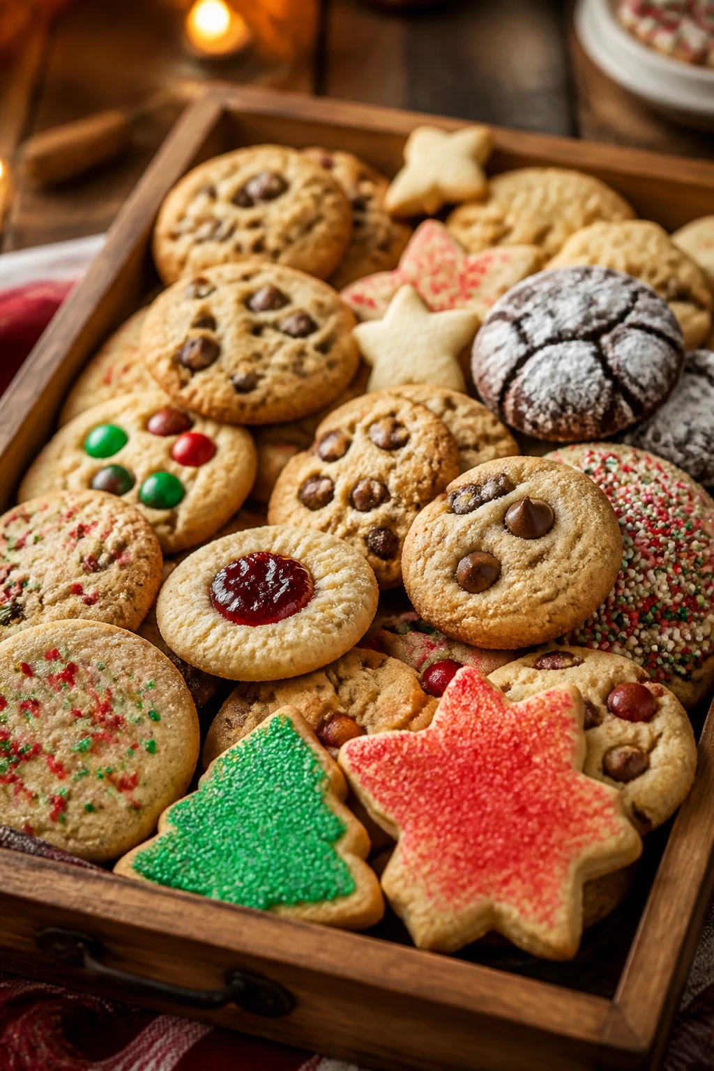 Close-up of a festive cookie tray filled with assorted holiday cookies