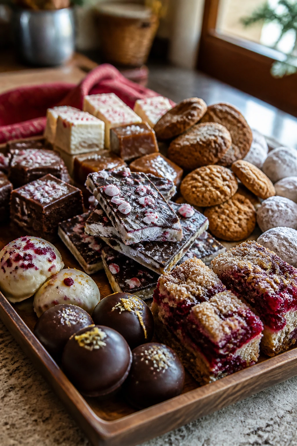 Close-up of a wooden tray with assorted holiday desserts on a warm kitchen counter