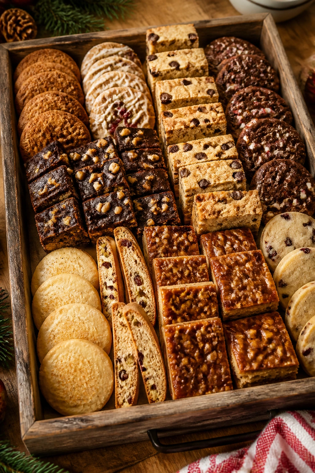 Top-down view of a rustic tray with assorted holiday desserts on a kitchen counter