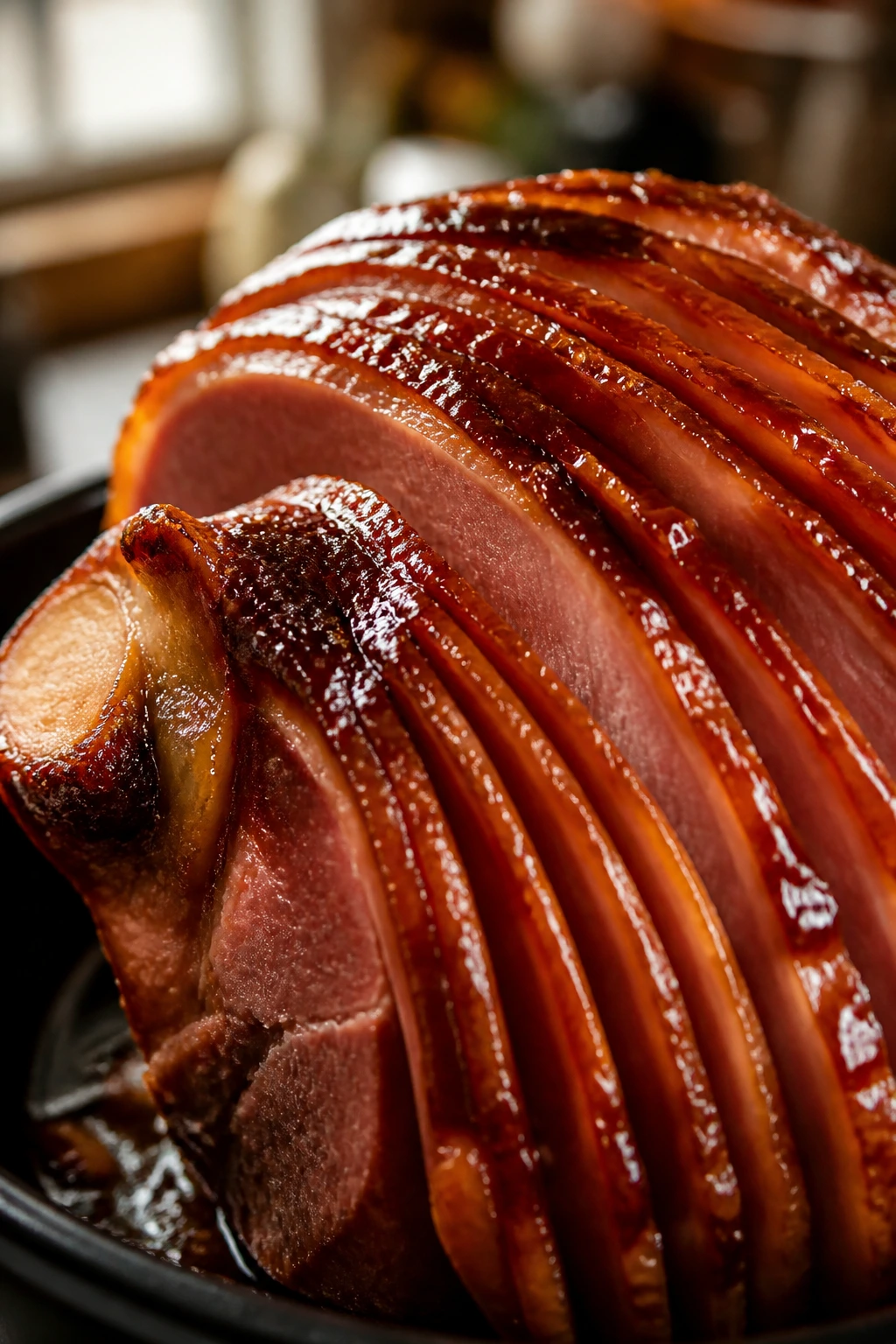 Close-up of glossy spiral-cut holiday ham with glaze on a plate in a warm kitchen