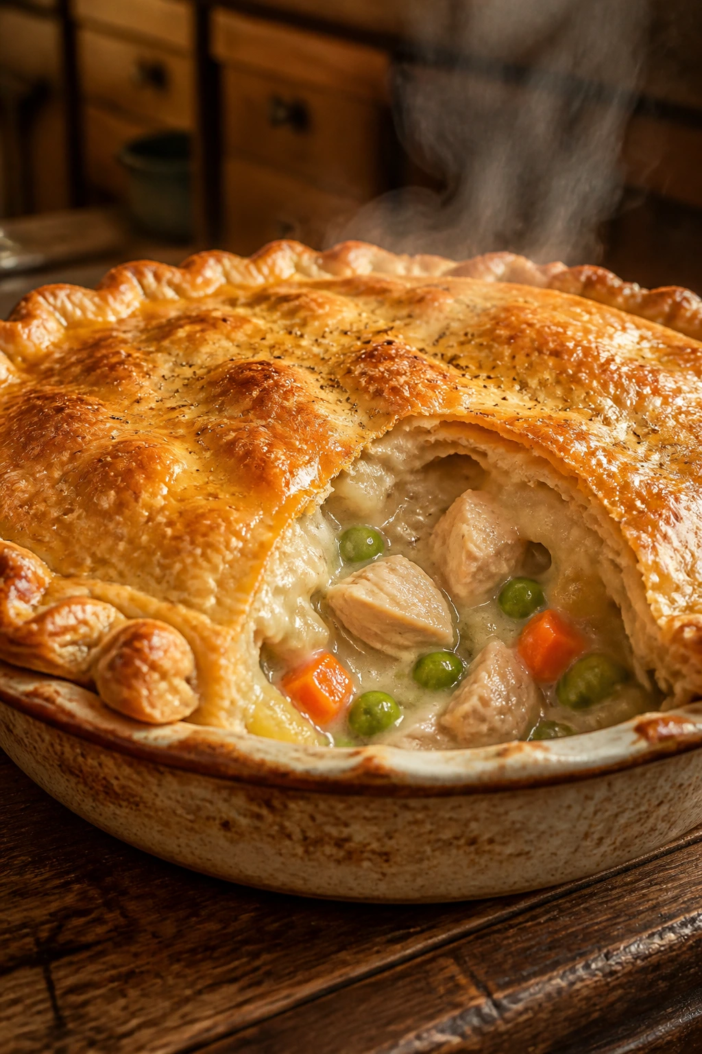 Perfectly baked pot pie with crackled crust and steam