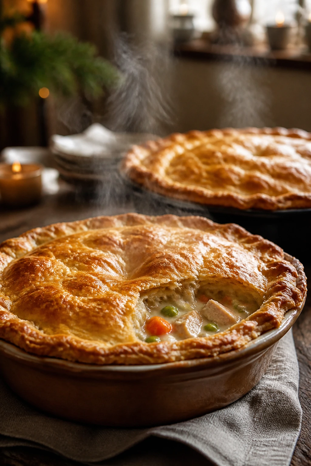 Two golden chicken pot pies steaming on a rustic wooden table
