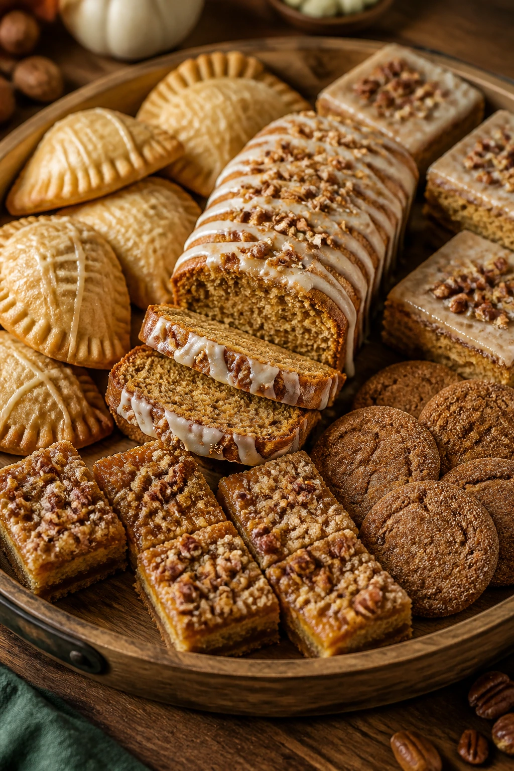 Close-up of a holiday dessert tray with fall bars, cookies, loaf cakes, and hand pies