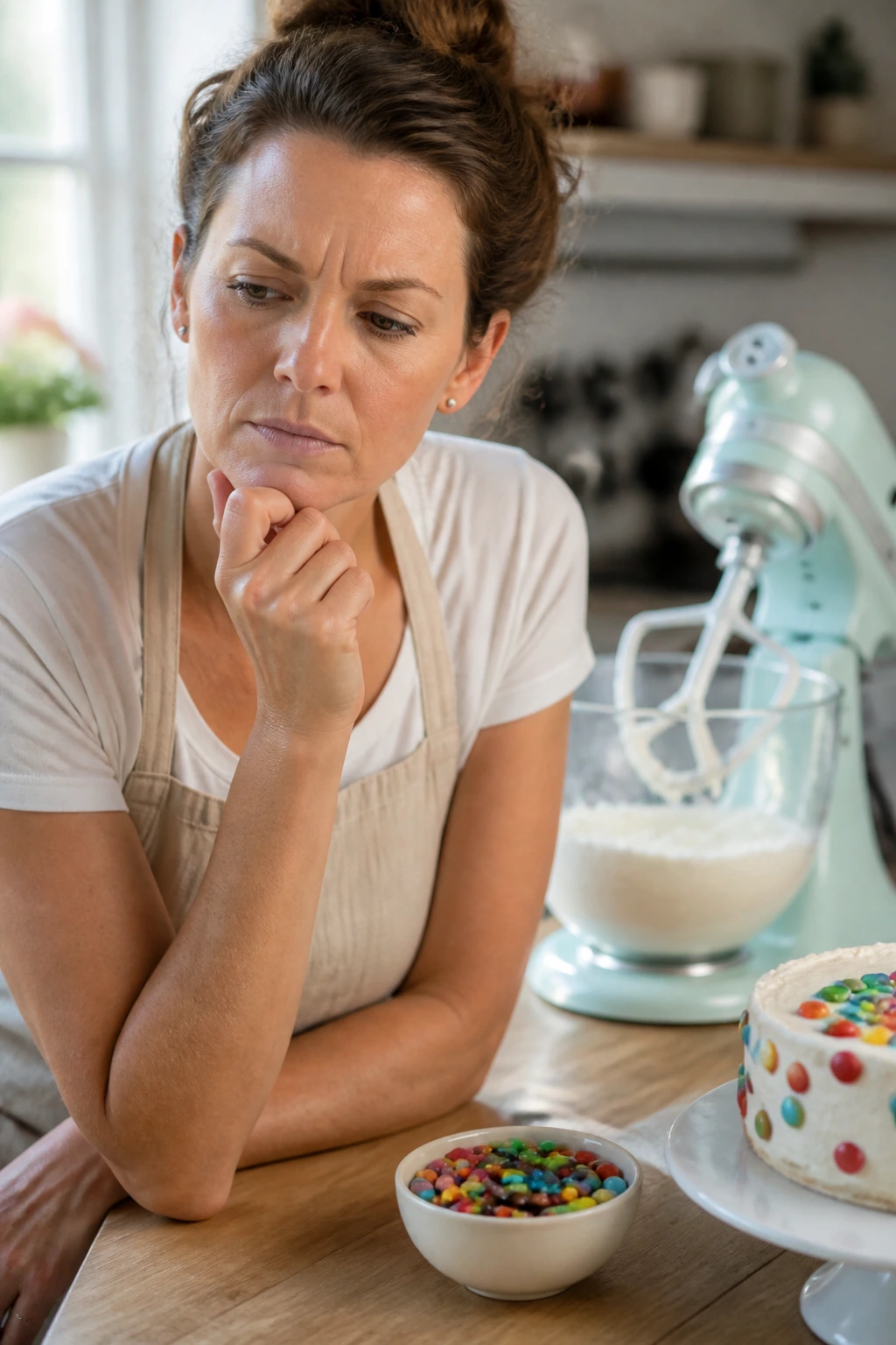 Close-up portrait of a home baker in a kitchen thinking about baking