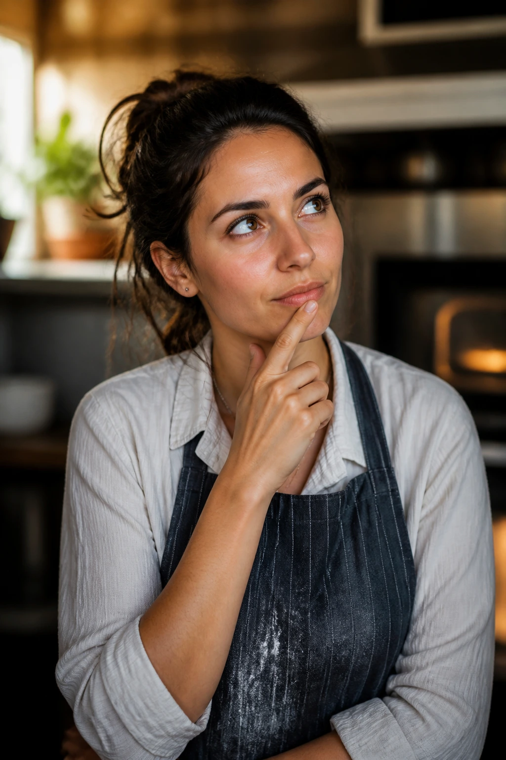 Thoughtful home baker in warm kitchen, pre-bake questions visualized in portrait