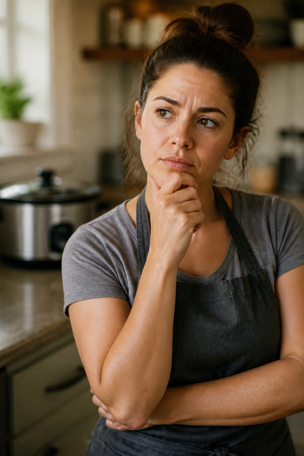 Real home cook in a kitchen looking thoughtful
