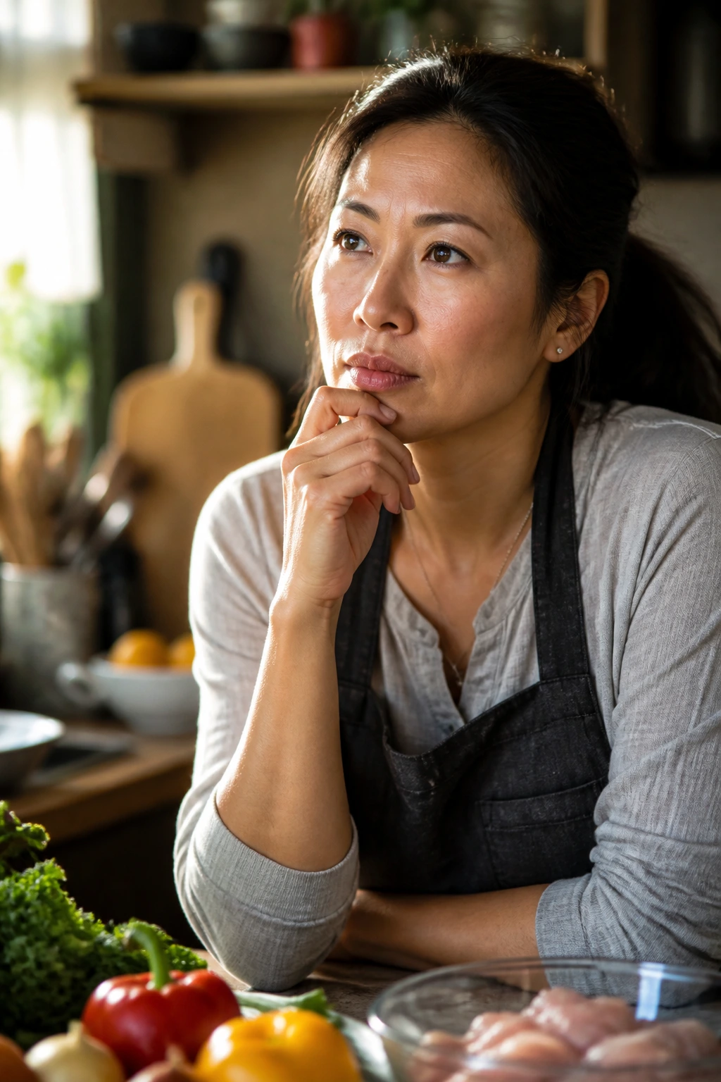 Close-up portrait of a thoughtful home cook in a cozy kitchen, ready to cook.