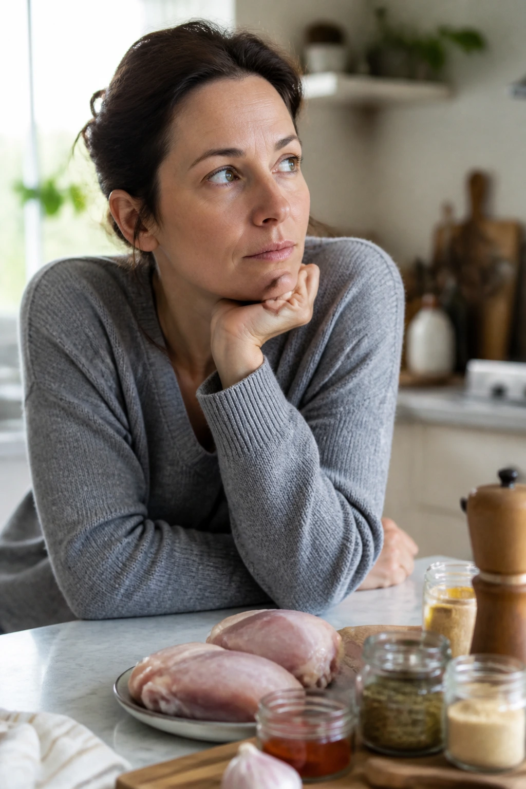 Portrait of a home cook in a bright kitchen, thoughtful before cooking