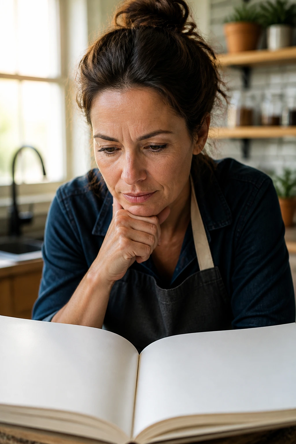 Close-up of a home cook thinking in a warm kitchen with a blank open cookbook
