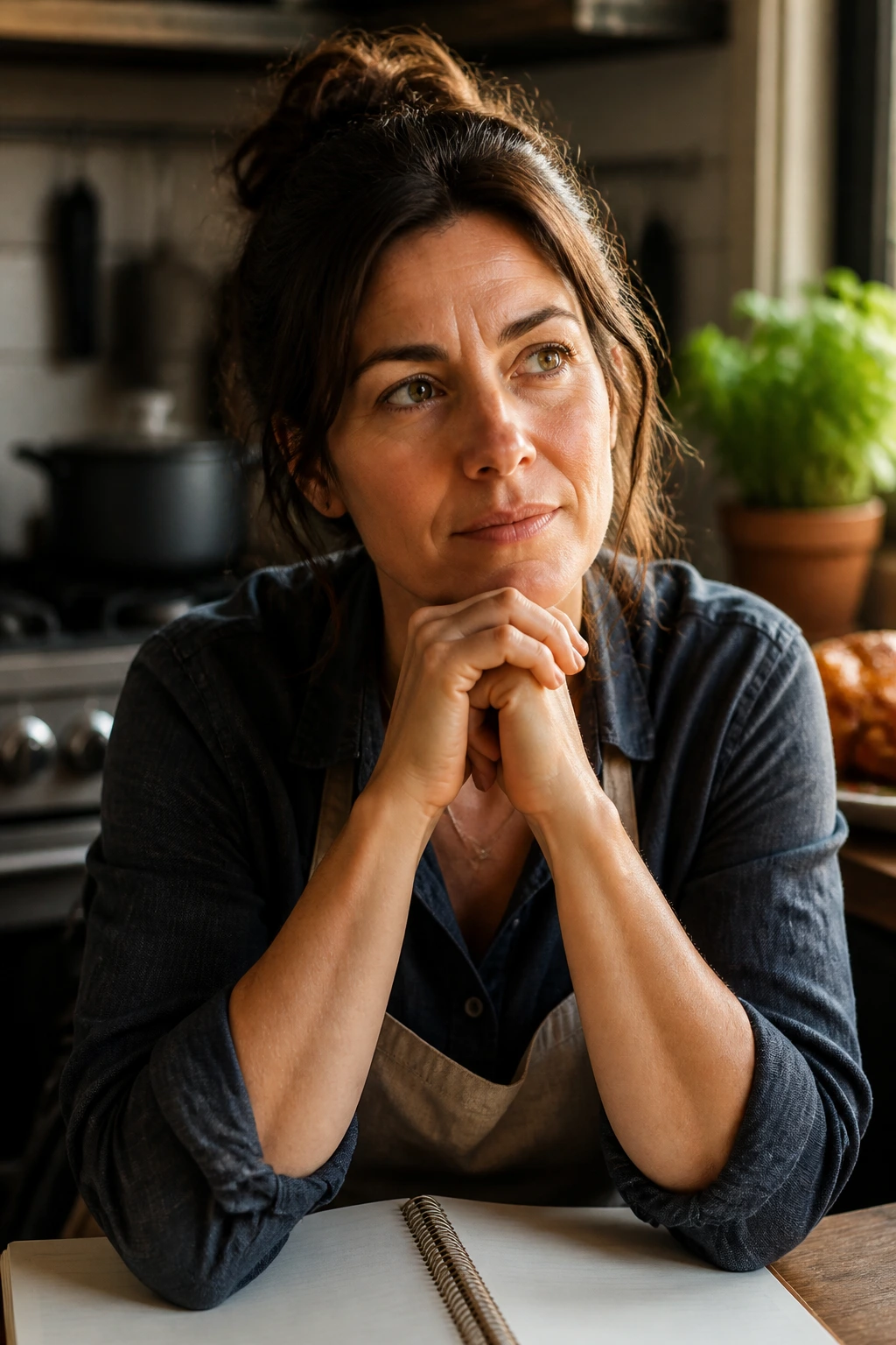 Close-up of a thoughtful home cook in a warm kitchen contemplating roasted herbed chicken questions