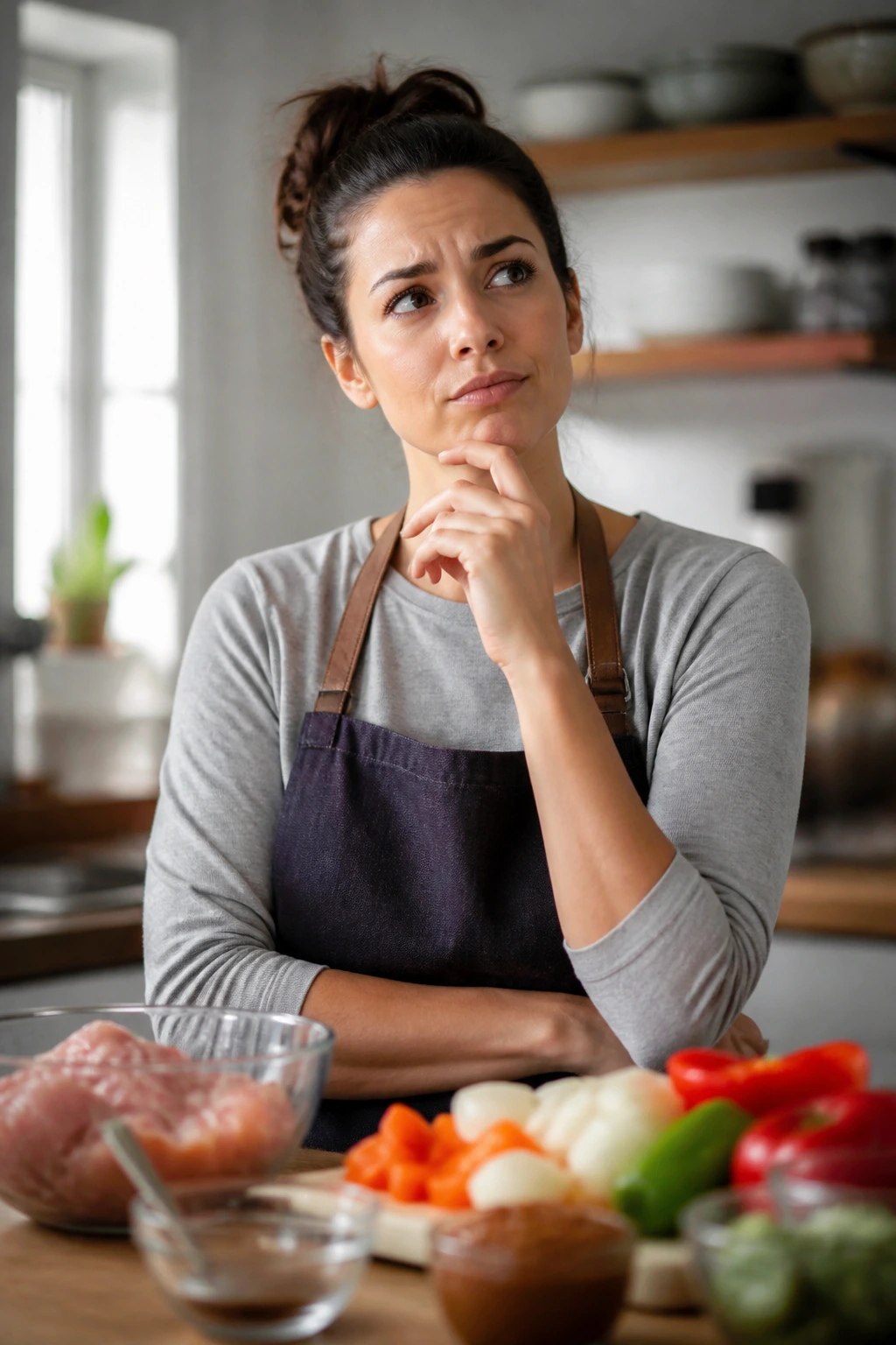 Portrait of a home cook in a kitchen contemplating recipe questions before cooking.