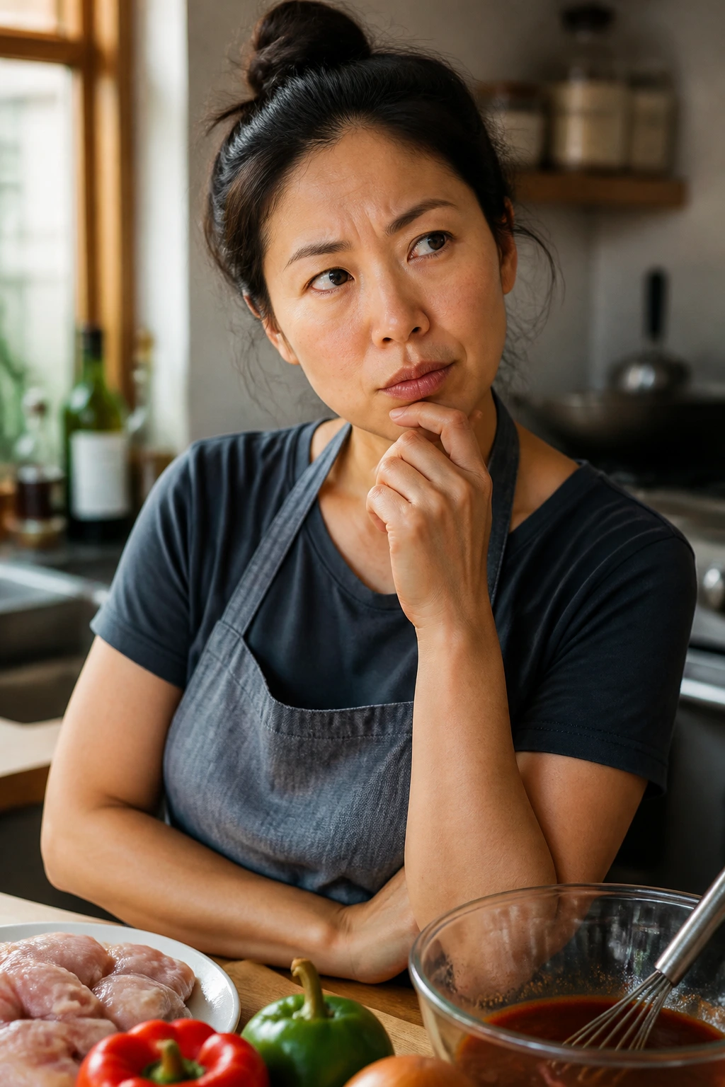 Close-up portrait of a real home cook in a kitchen, thoughtful expression