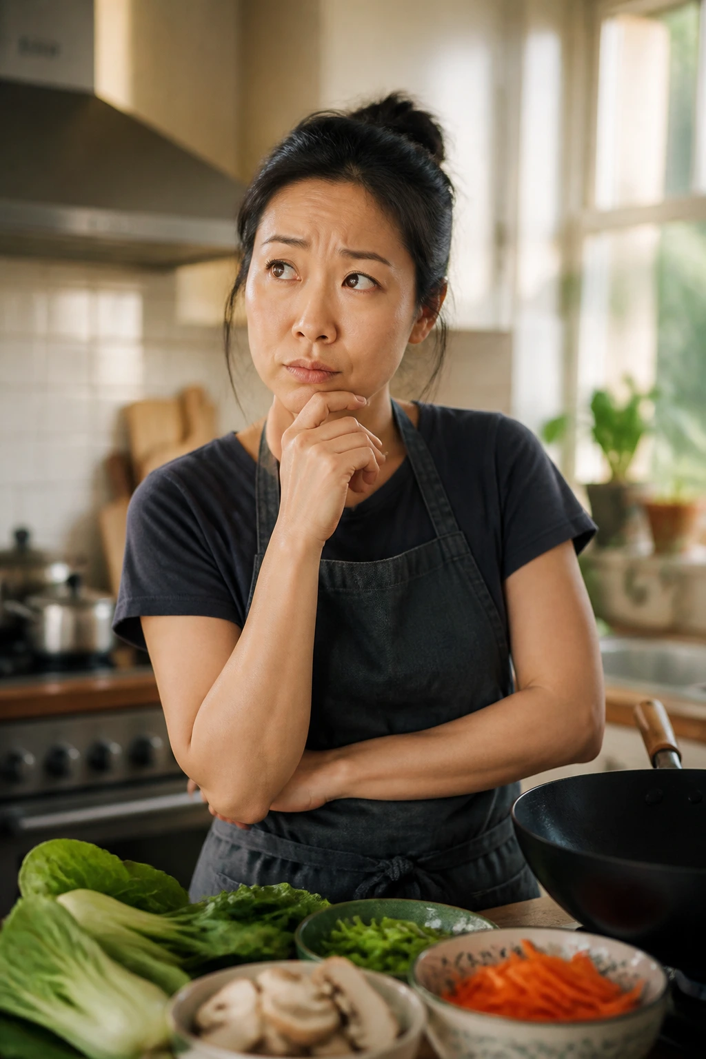 Close-up portrait of a real home cook in a bright kitchen with a thoughtful expression.