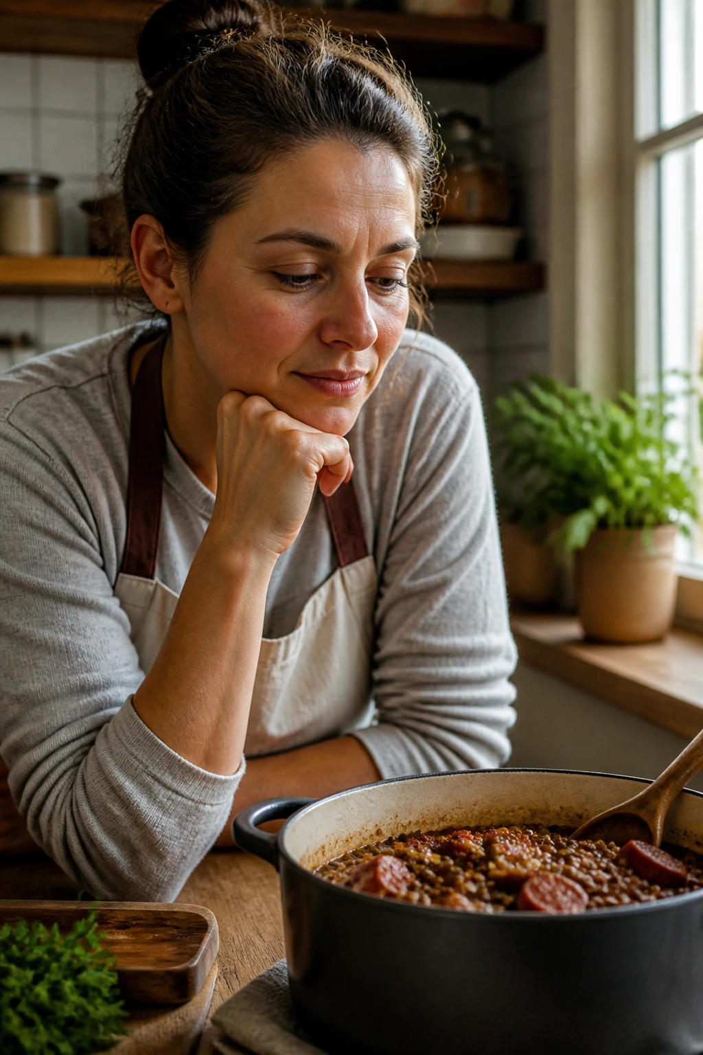 Real home cook contemplating lentils and sausage in the kitchen