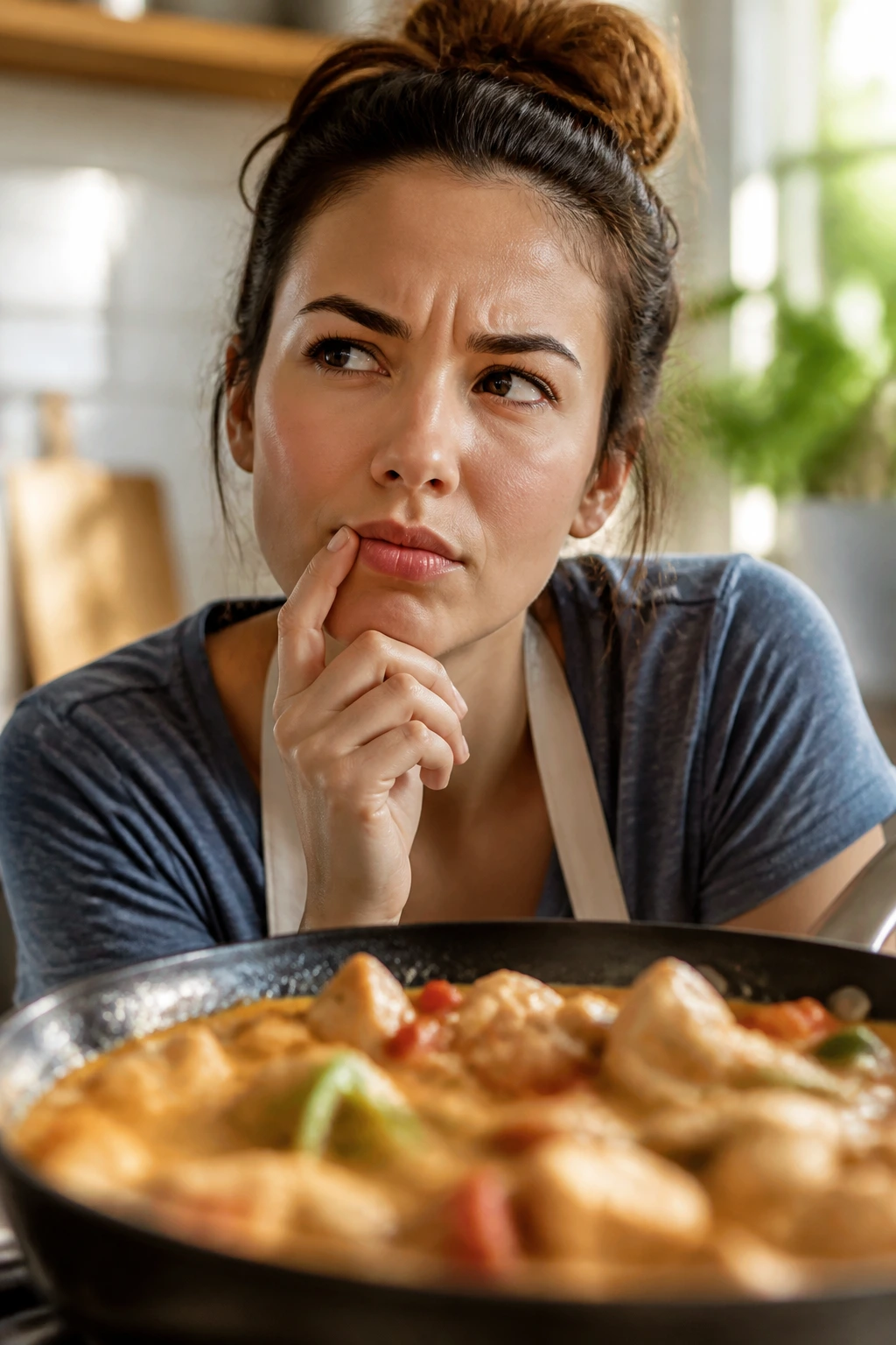 Portrait of a home cook in a kitchen with peanut chicken in the foreground
