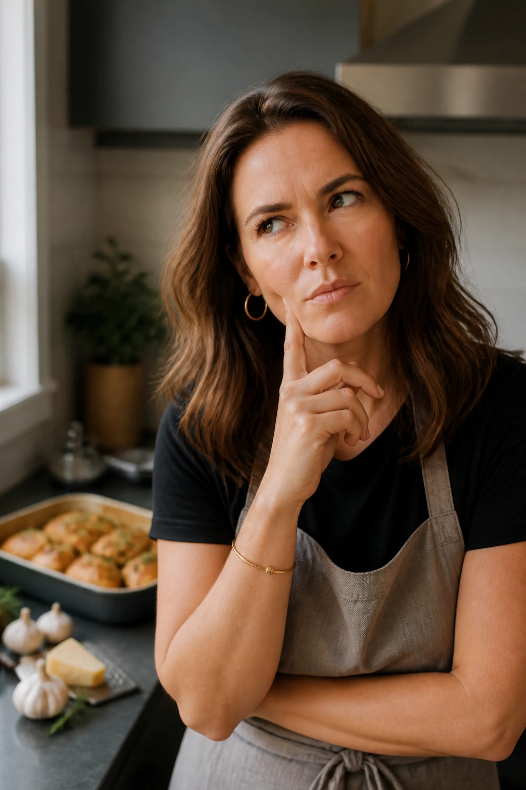 Portrait of a home cook in a kitchen thinking about cooking garlic parmesan chicken