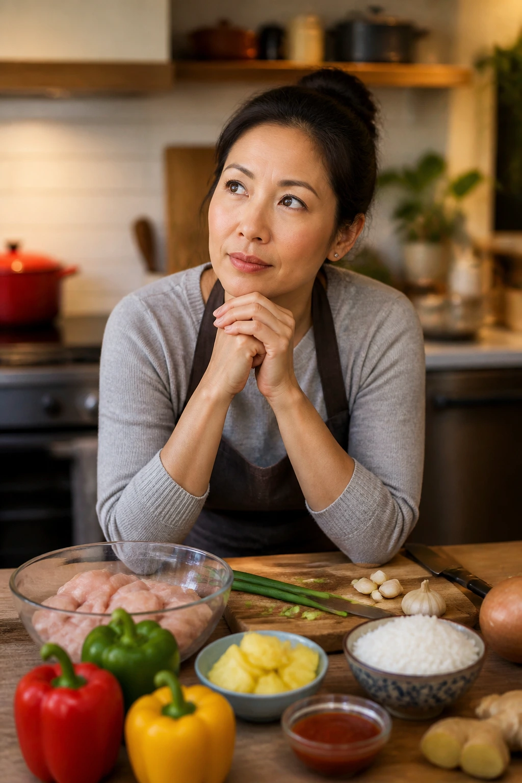 Home cook in kitchen considering questions before cooking