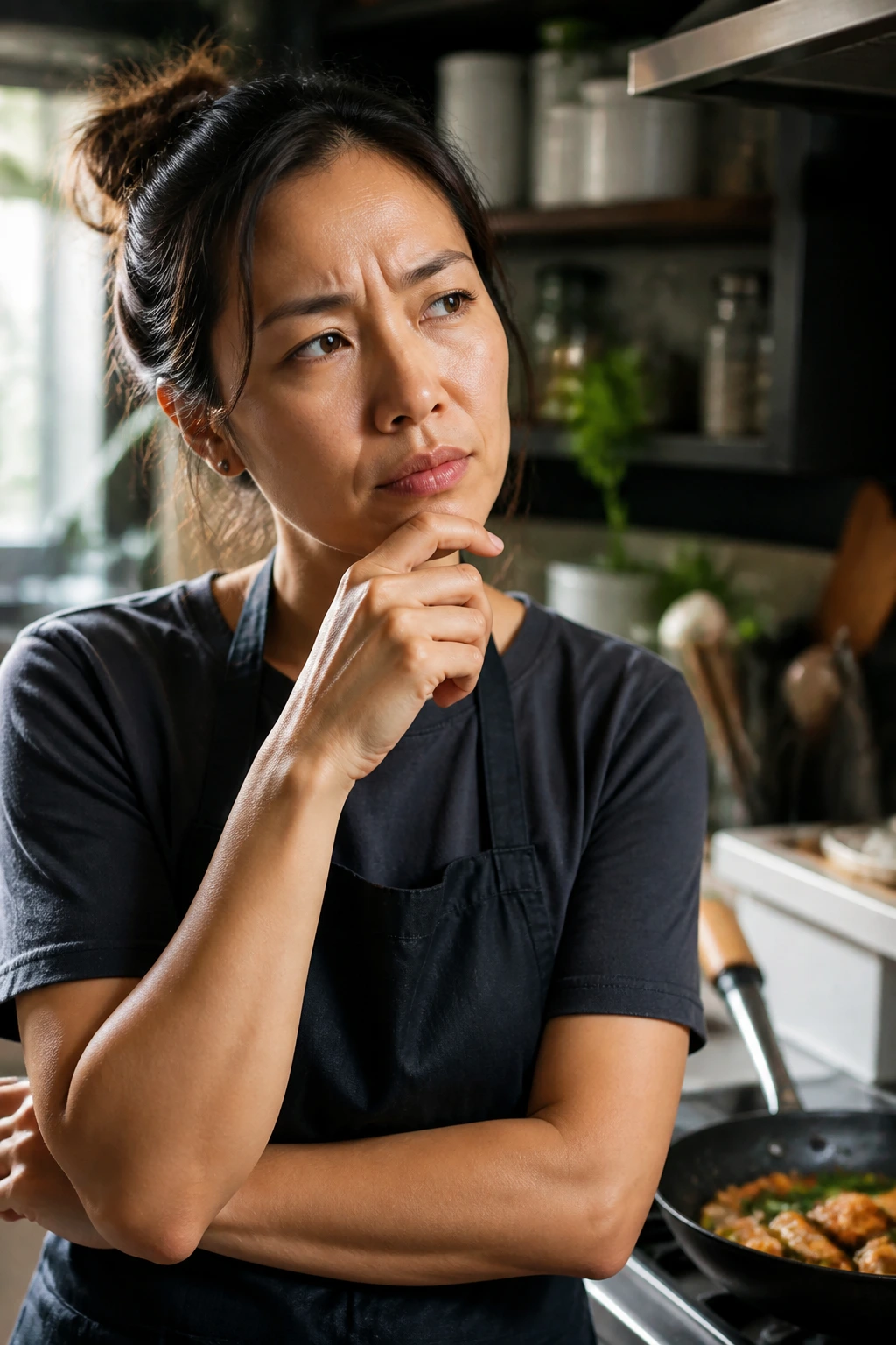 Real home cook portrait in a kitchen with thoughtful expression