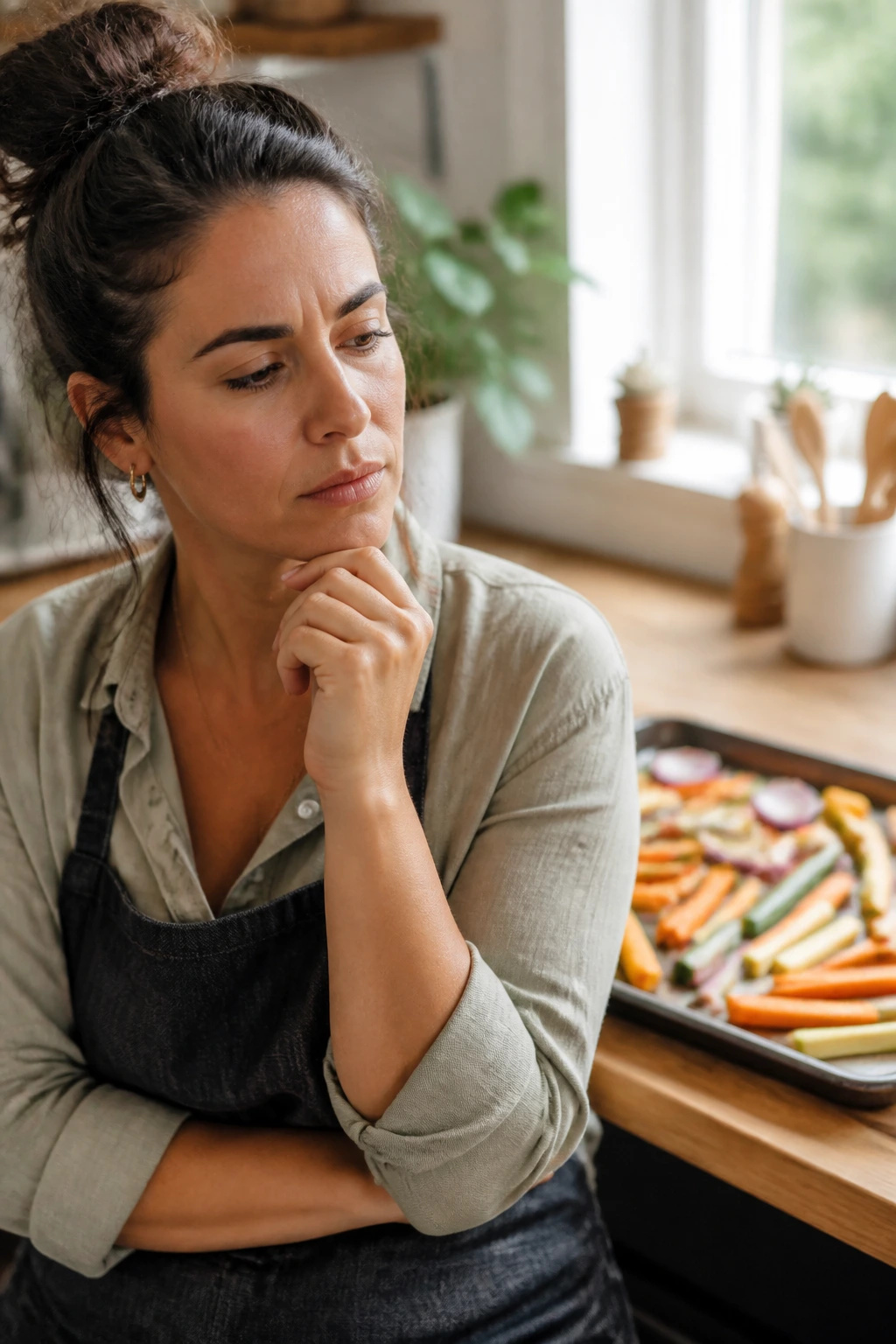 Close-up of a home cook in a warm kitchen, thinking about roasting vegetables for veggie fries