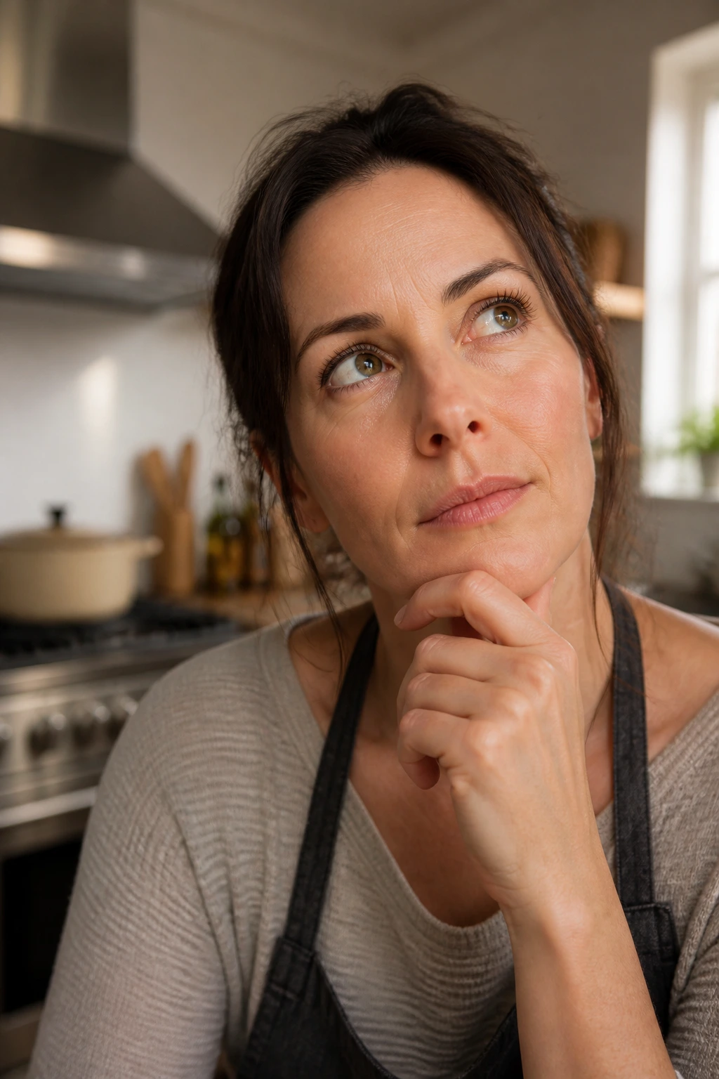 Portrait of a real home cook in a kitchen, looking thoughtful about tetrazzini questions