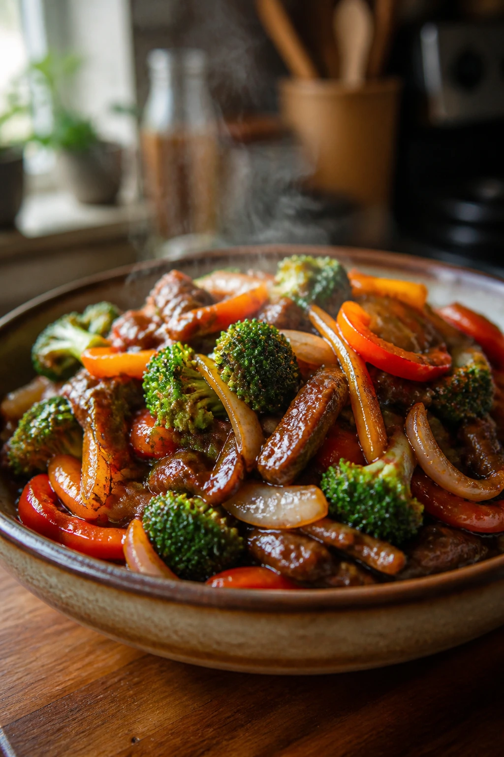 Close-up of a home-cooked Chinese stir-fry with glossy sauce