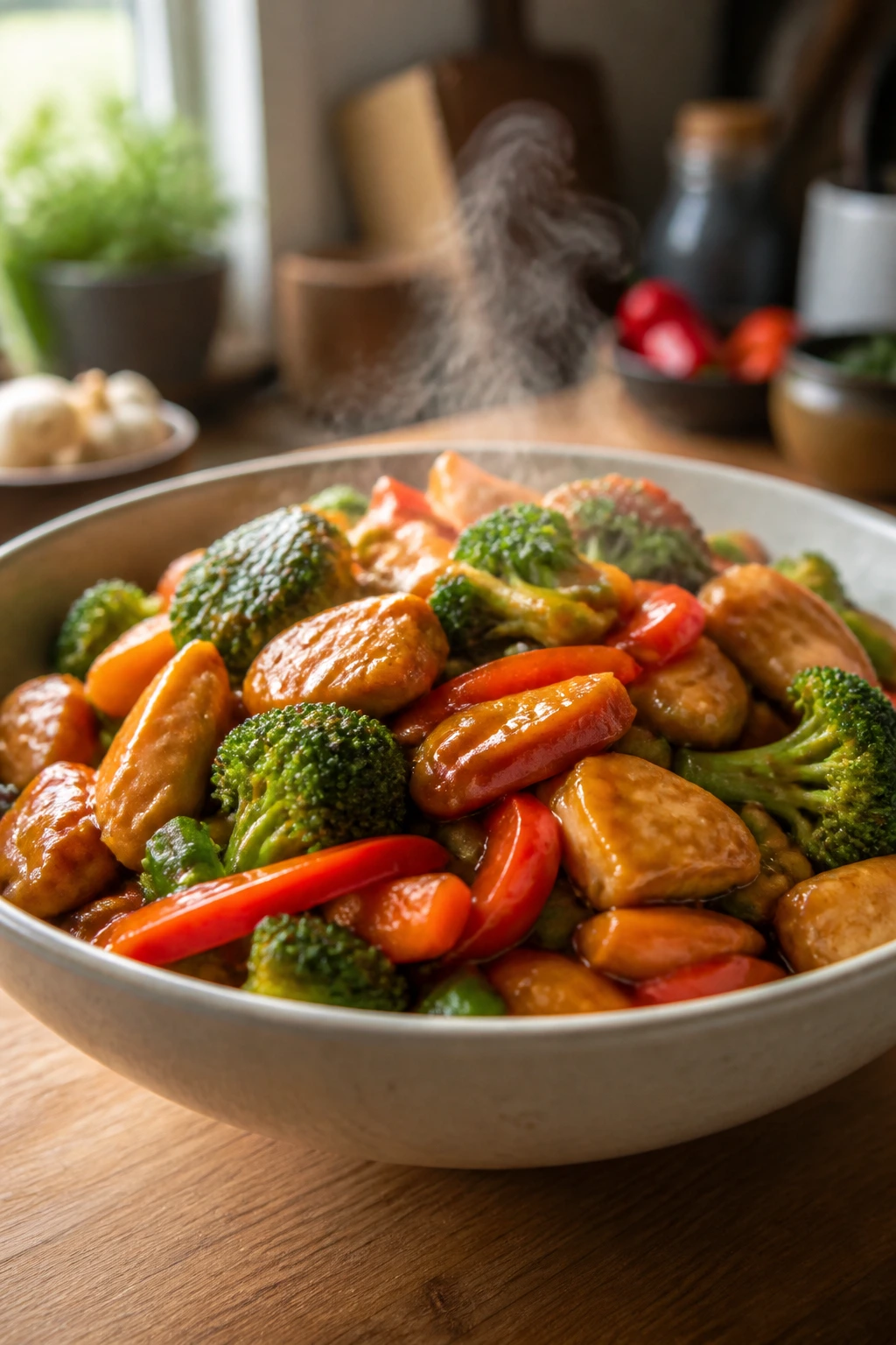 Close-up of glossy homemade stir-fry in a ceramic bowl with steam