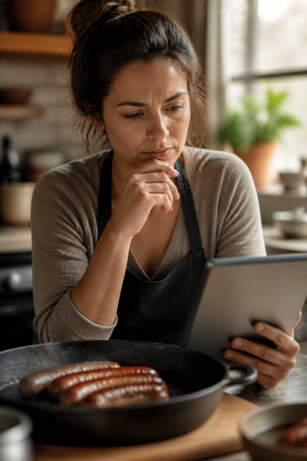 Portrait of a home cook in a kitchen thinking about recipe questions
