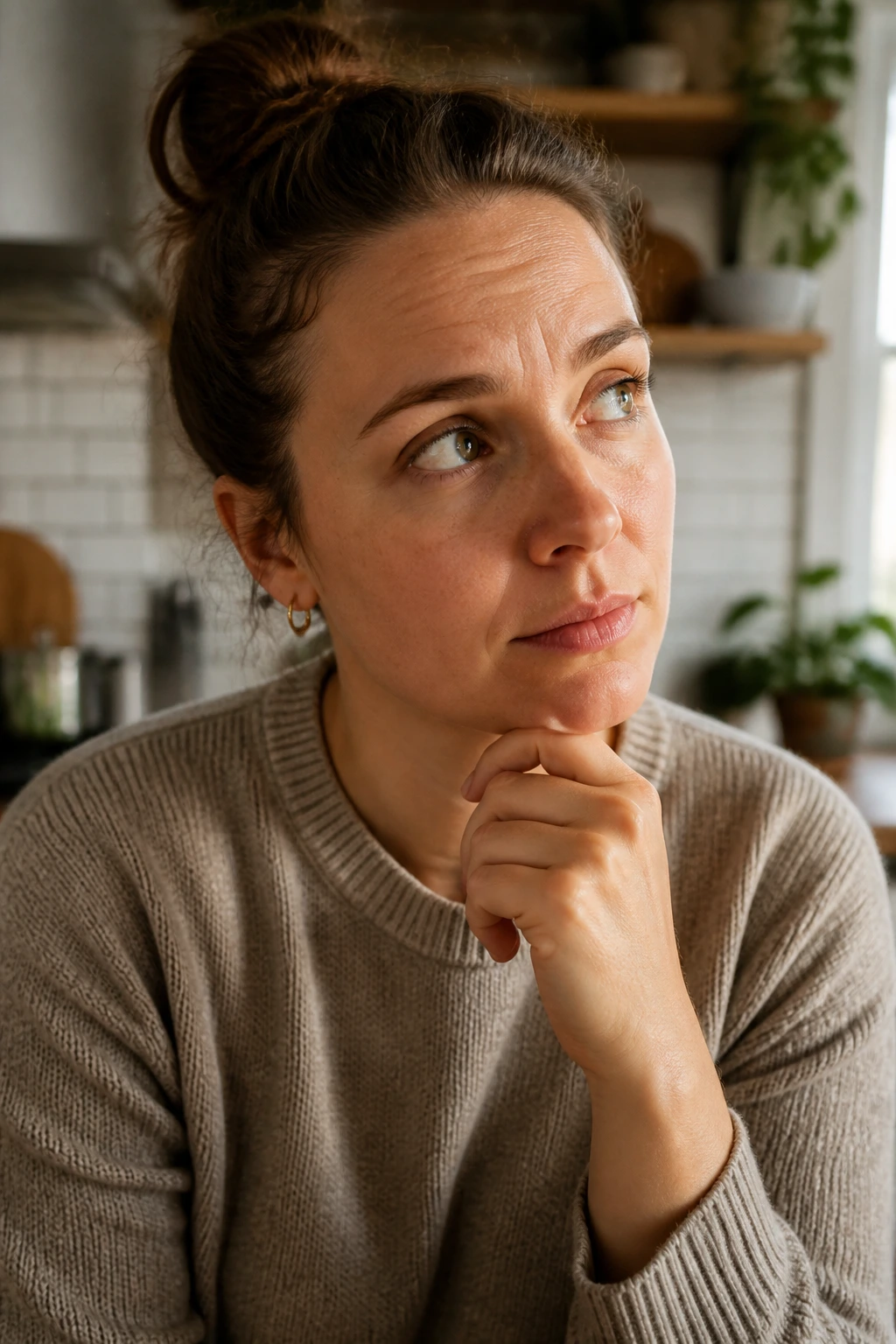 Portrait of a home cook in a kitchen with a thoughtful expression.