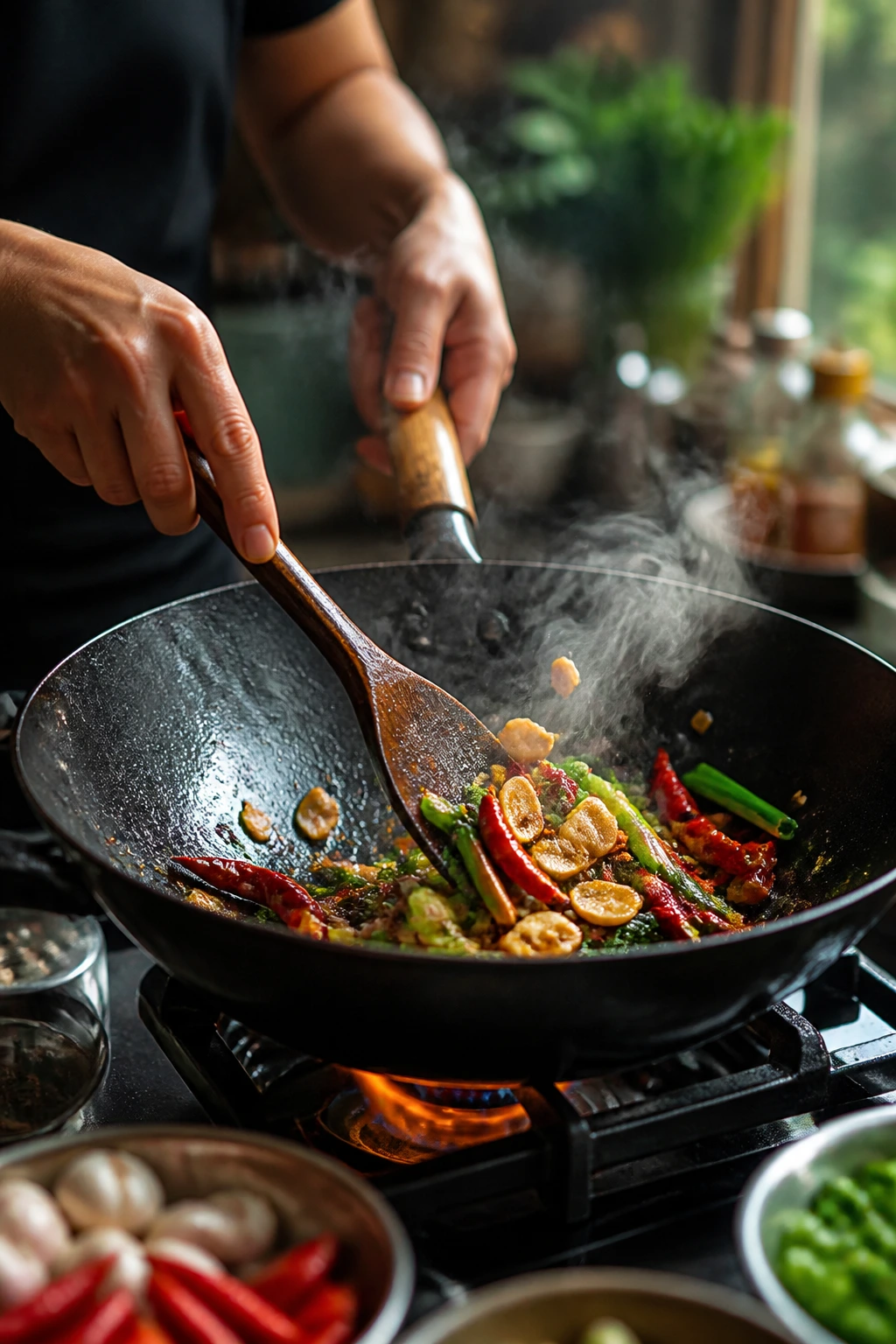 Close-up of a home cook's hands stir-frying spicy Asian vegetables in a wok