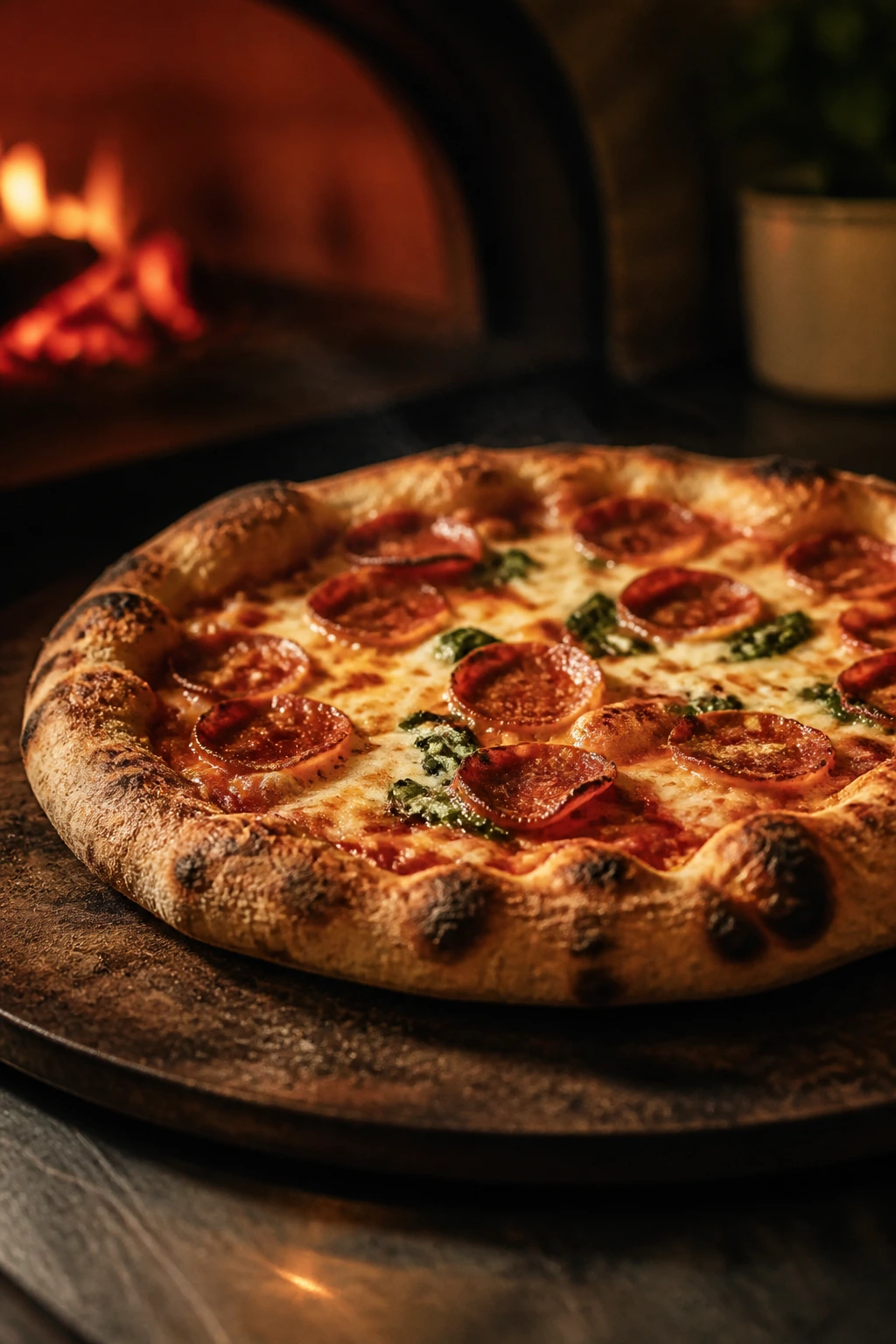 Home kitchen scene with blistered pizza on hot stone