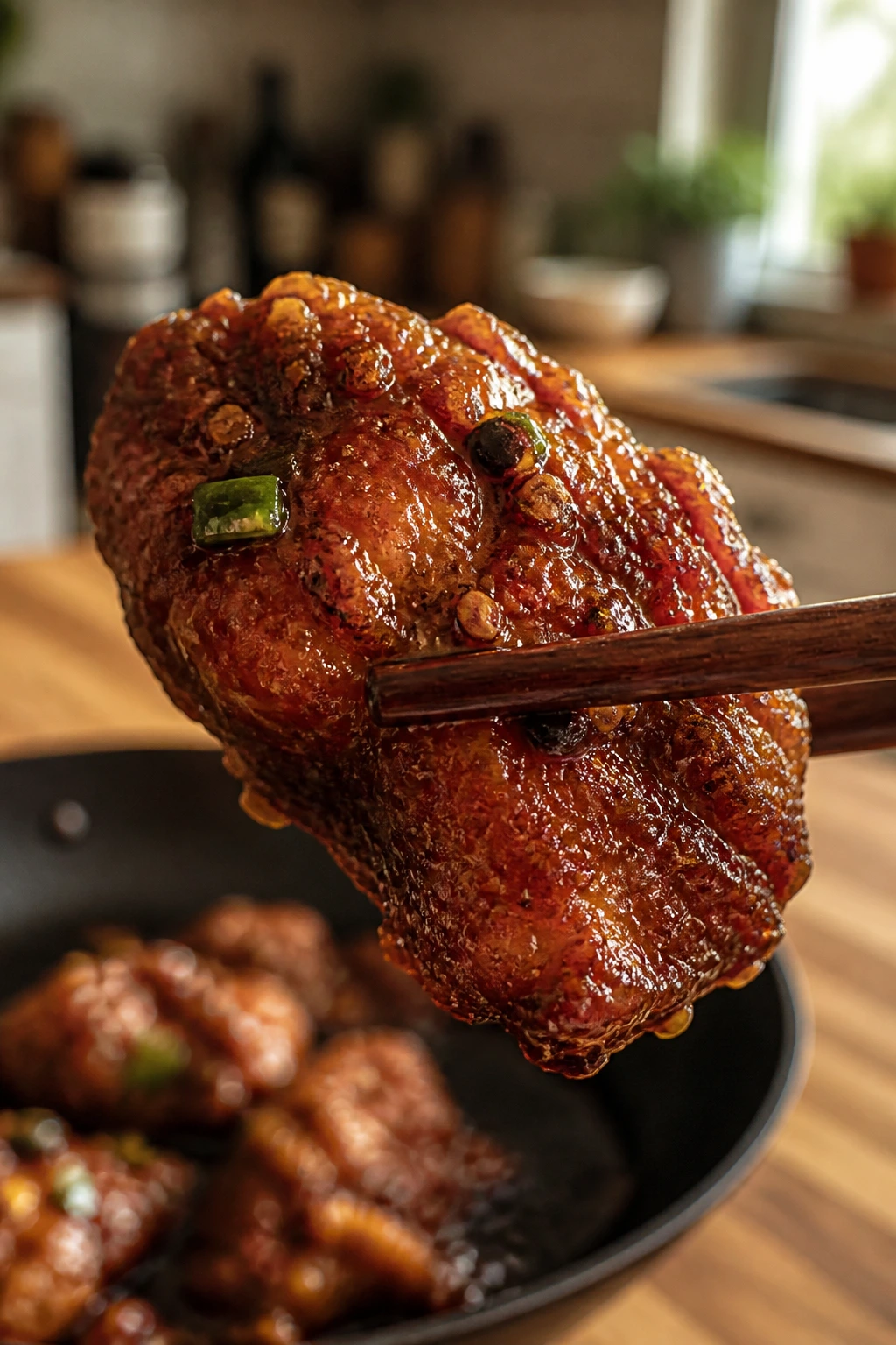 Close-up of a glossy homemade Chinese chicken piece in a warm kitchen