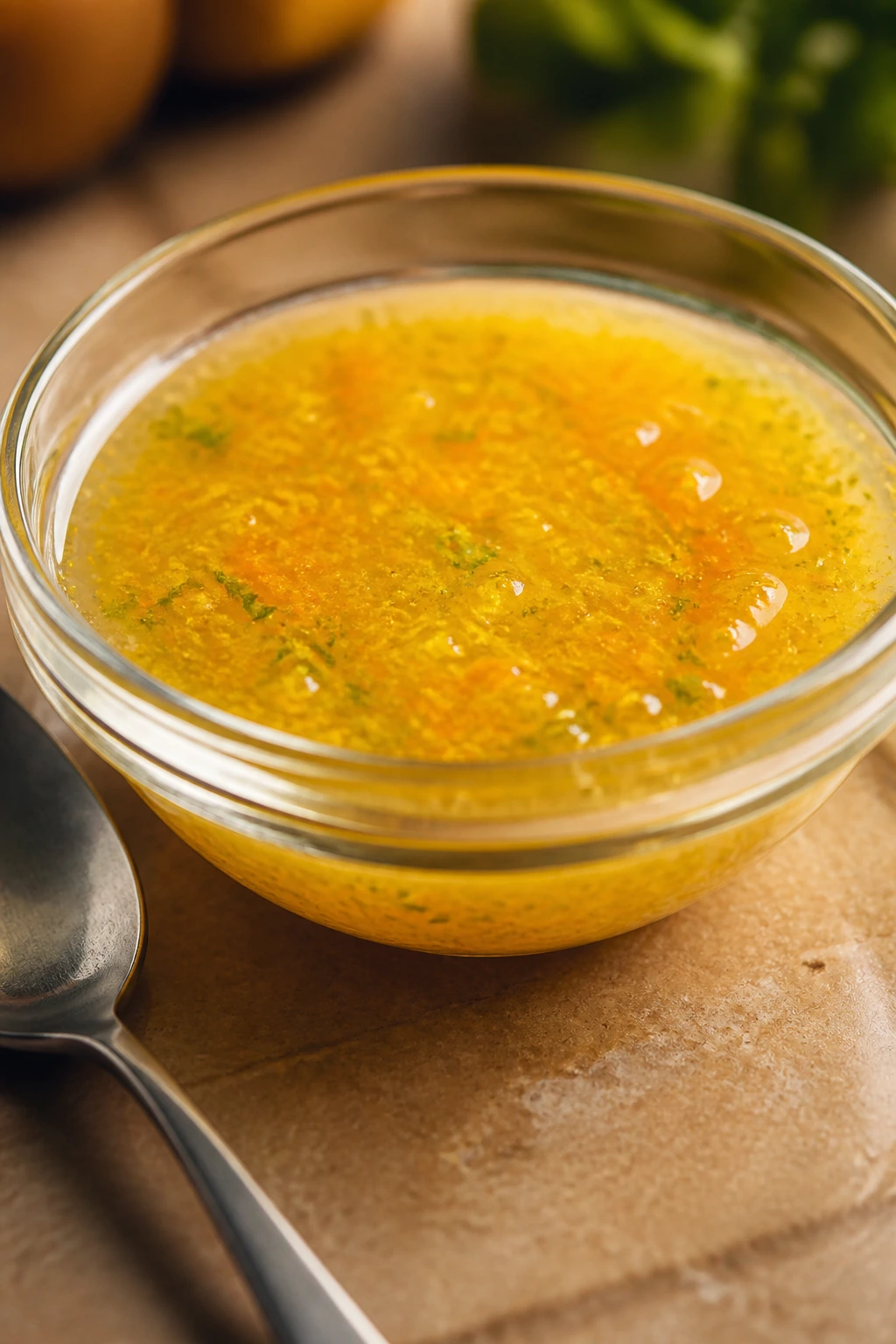 Small glass bowl of orange-lime dressing with zest on a kitchen counter