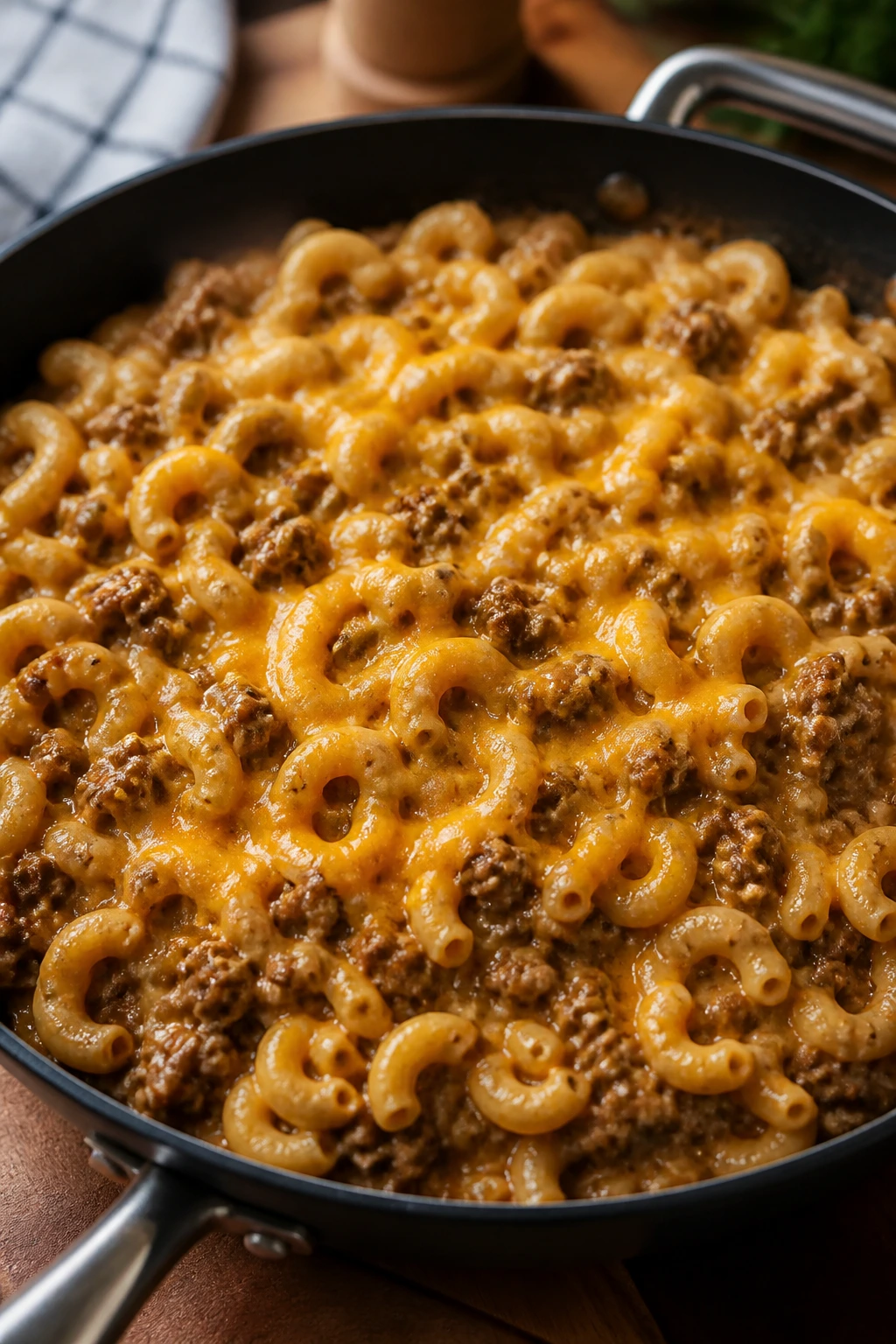 Macaroni and beef skillet with melted cheddar on top in a home kitchen.
