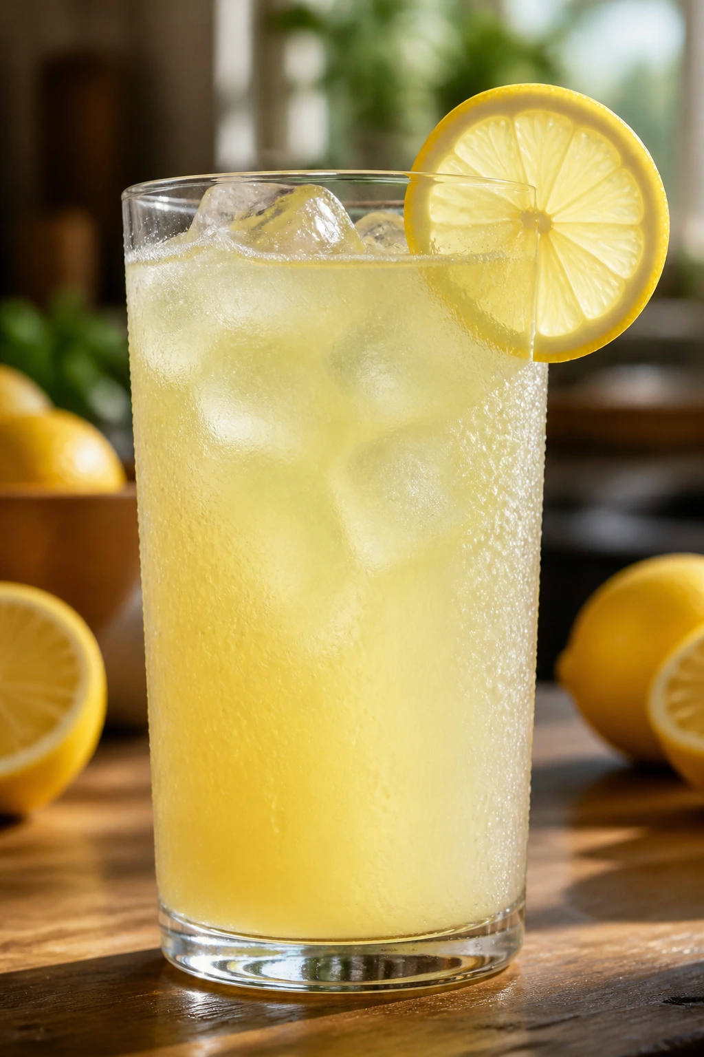 Close-up of a glass of homemade lemonade with ice on a wooden table