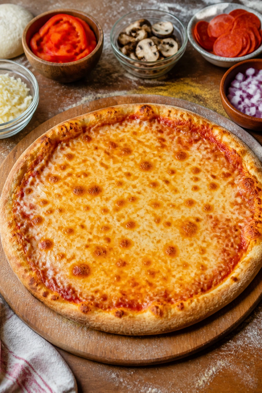 Top-down view of a bubbling cheese pizza on a wooden board.