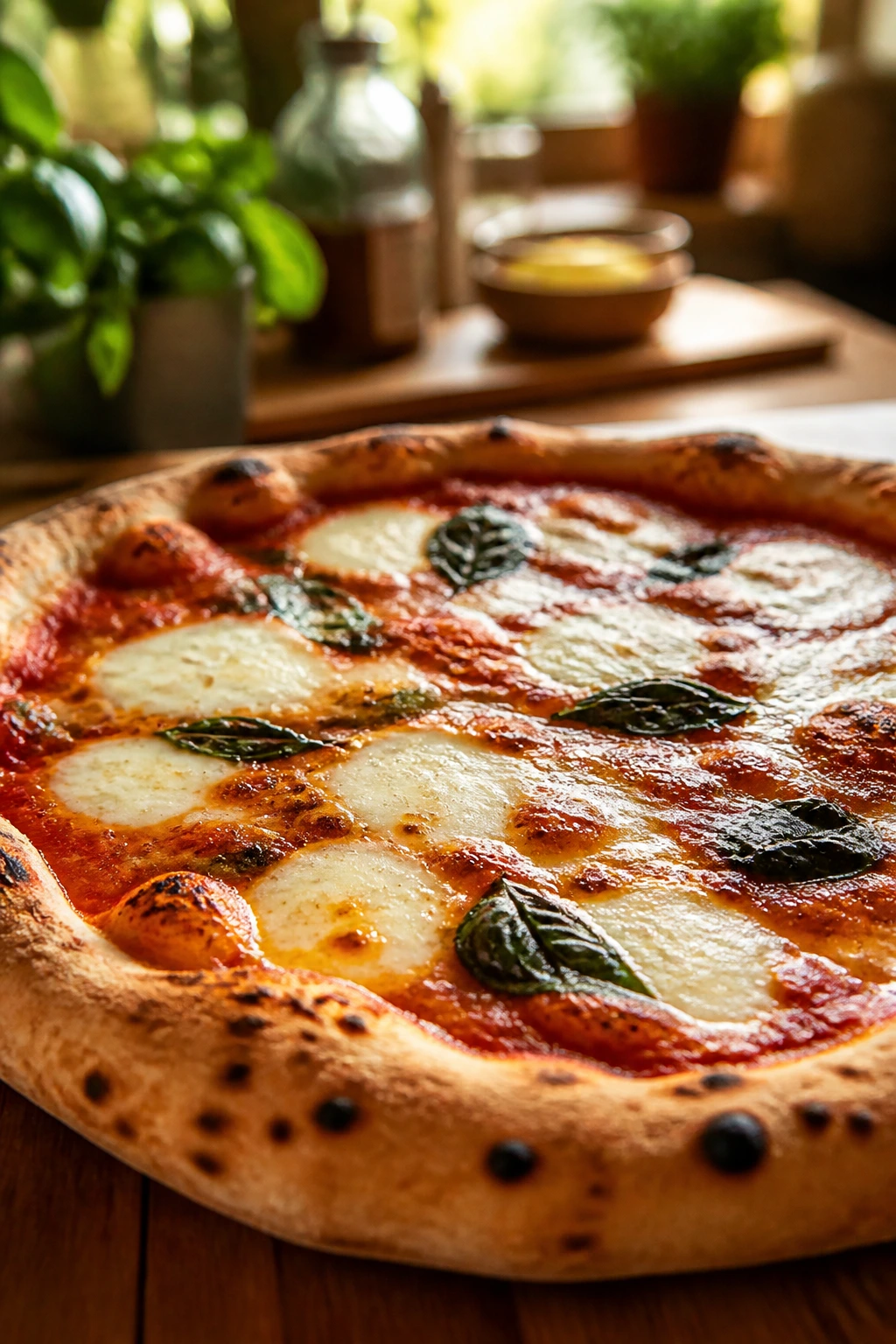 Close-up of bubbling homemade pizza with tomato sauce and mozzarella in a warm kitchen