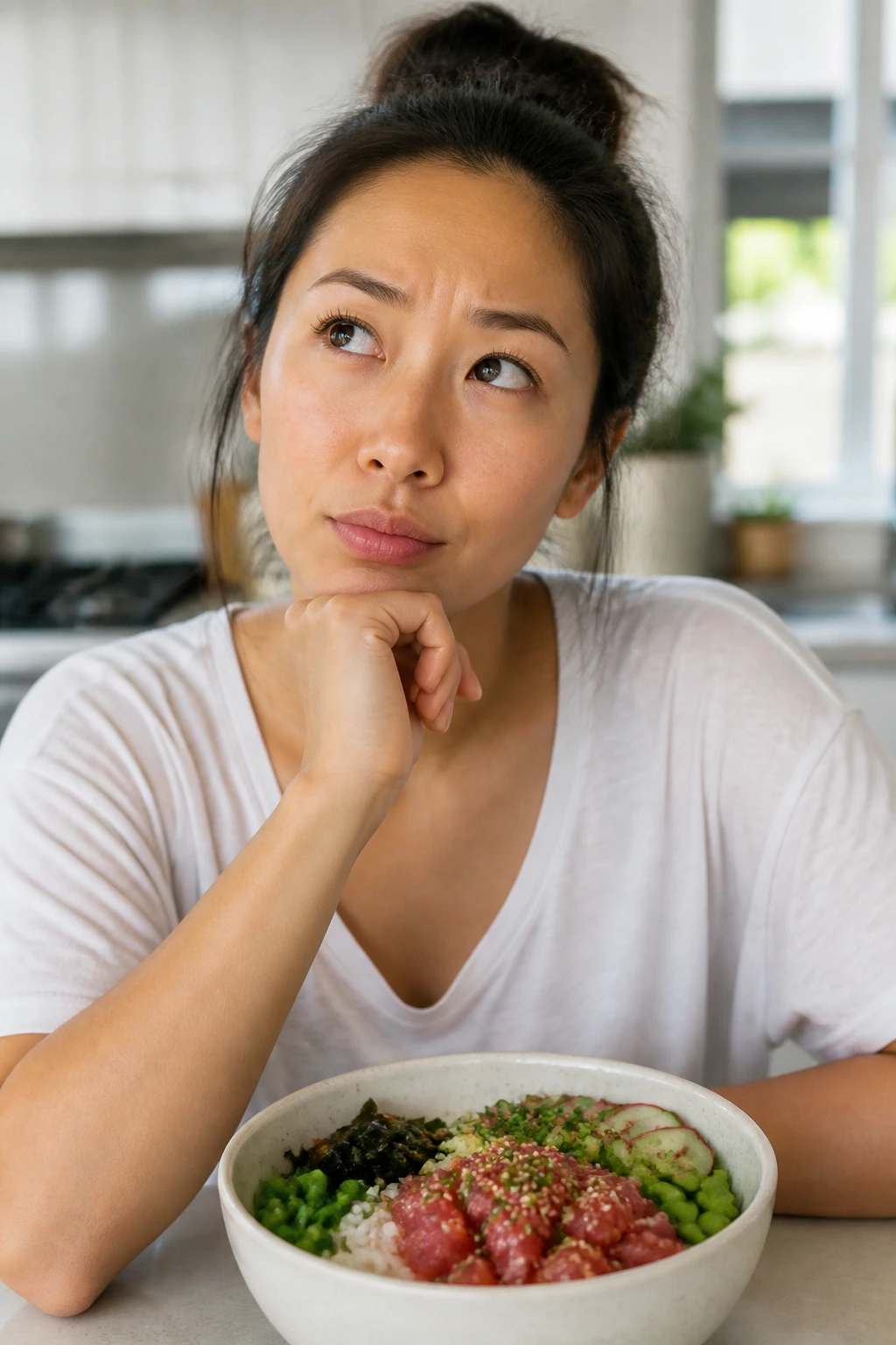 Real person in kitchen with poke bowl, representing questions about homemade poke