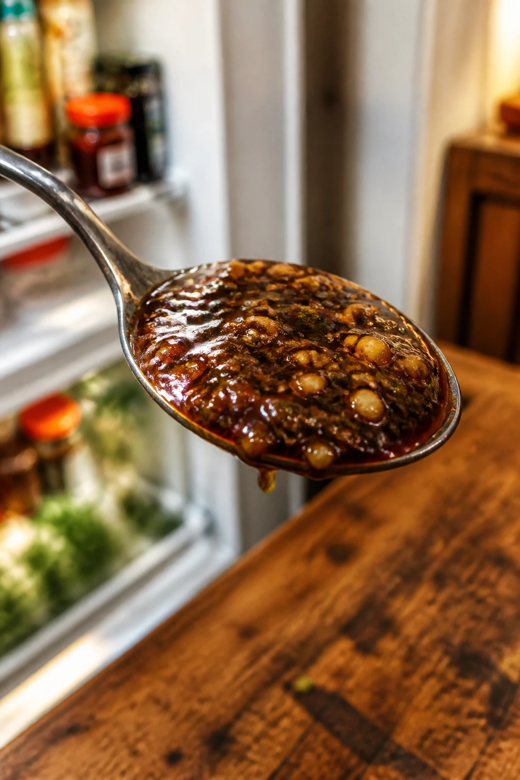 Close-up of glossy homemade Asian sauce on a spoon with warm kitchen background