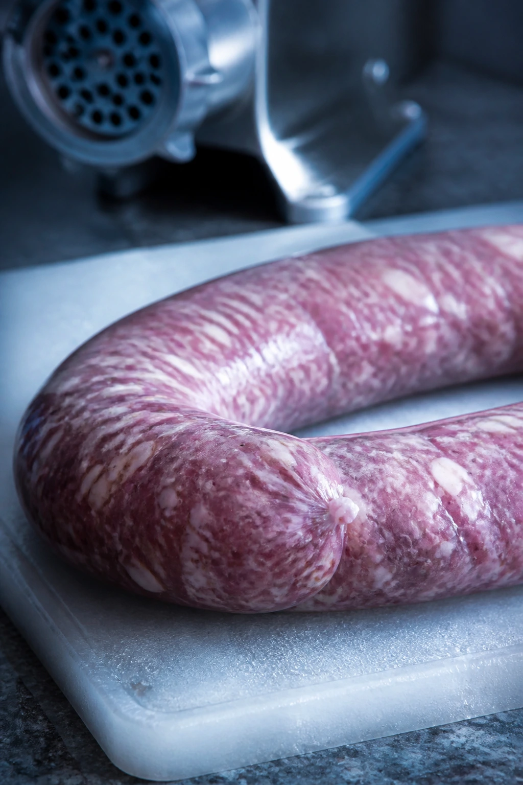 Close-up of a homemade sausage link on a cold cutting board in a kitchen scene.